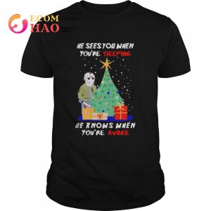 Jason Voorhees he sees you when you’re sleeping he knows when you_re awake Christmas shirt