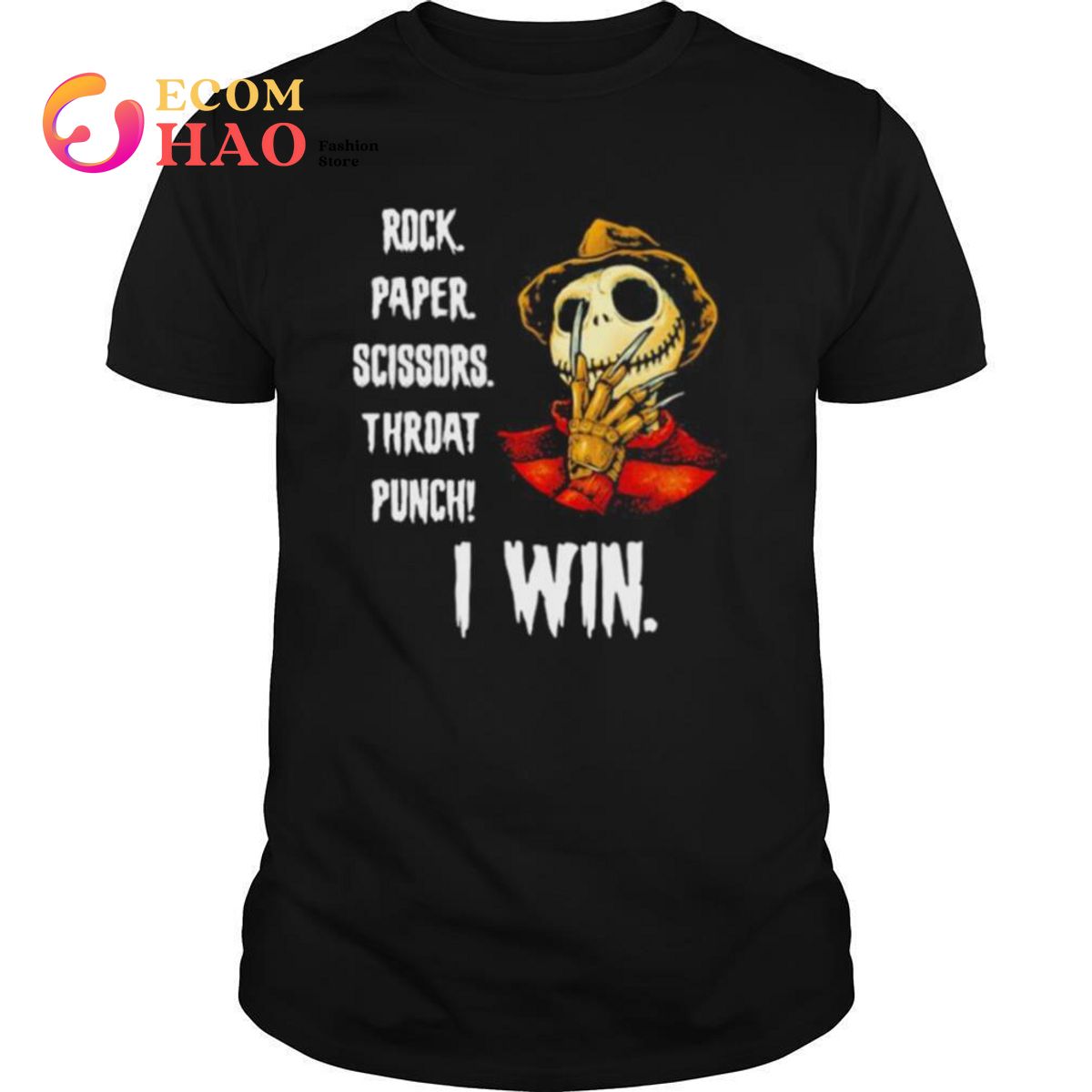 Halloween freddy krueger jack skellington rock paper scissors throat punch i win shirt