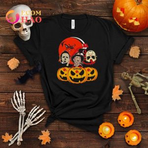 Halloween Horror Movie Pumpkin and Jason Voorhees And Freddy Krueger Cleveland Browns shirt