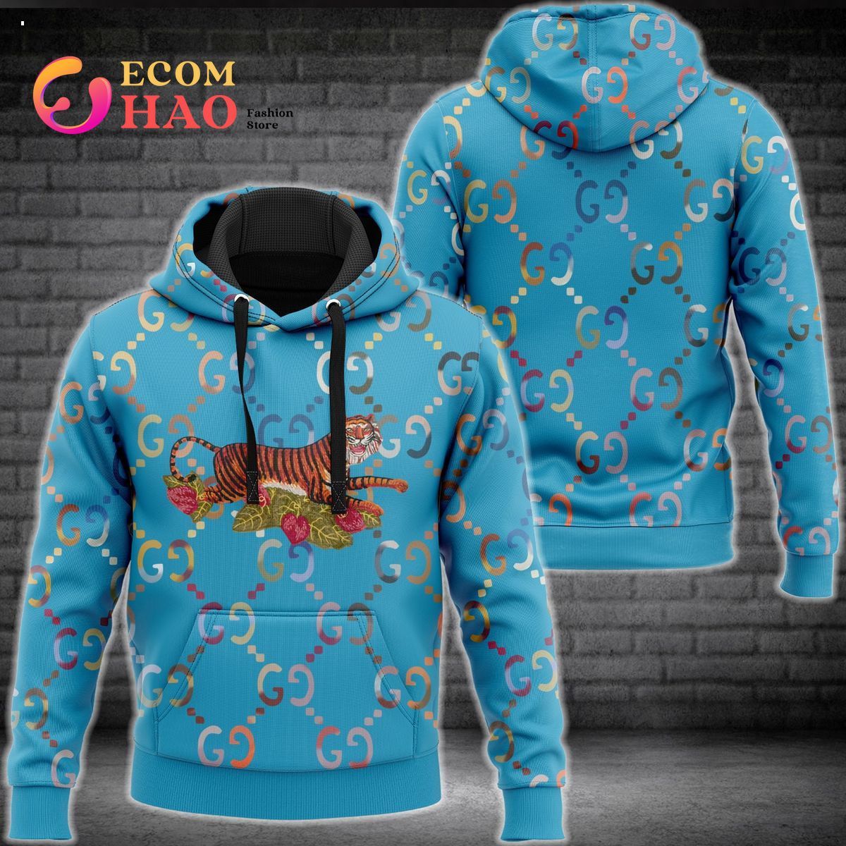 Gucci 3D Hoodie Tigers Print Blue - Ecomhao Store