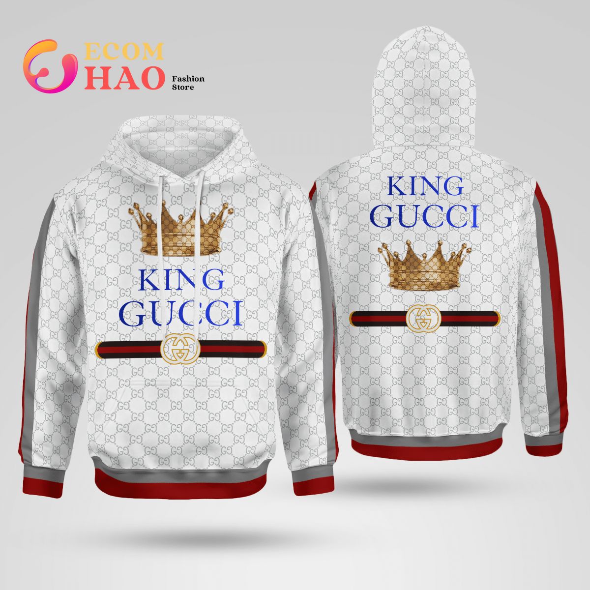 King Gucci white pattern 3D Hoodie - Ecomhao Store