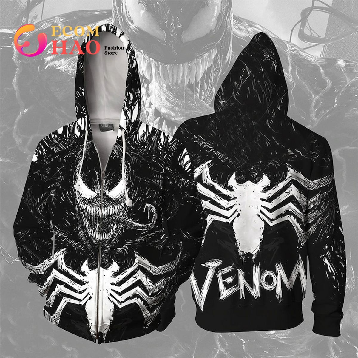 Black Venom Carnage Big White Red Logo Spider Costume Cosplay Hoodie 3D Print Superhero