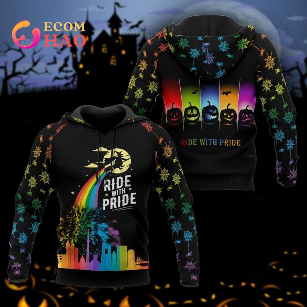 Halloween LGBT Rainbow Witch Ride with Pride 3D Hoodie