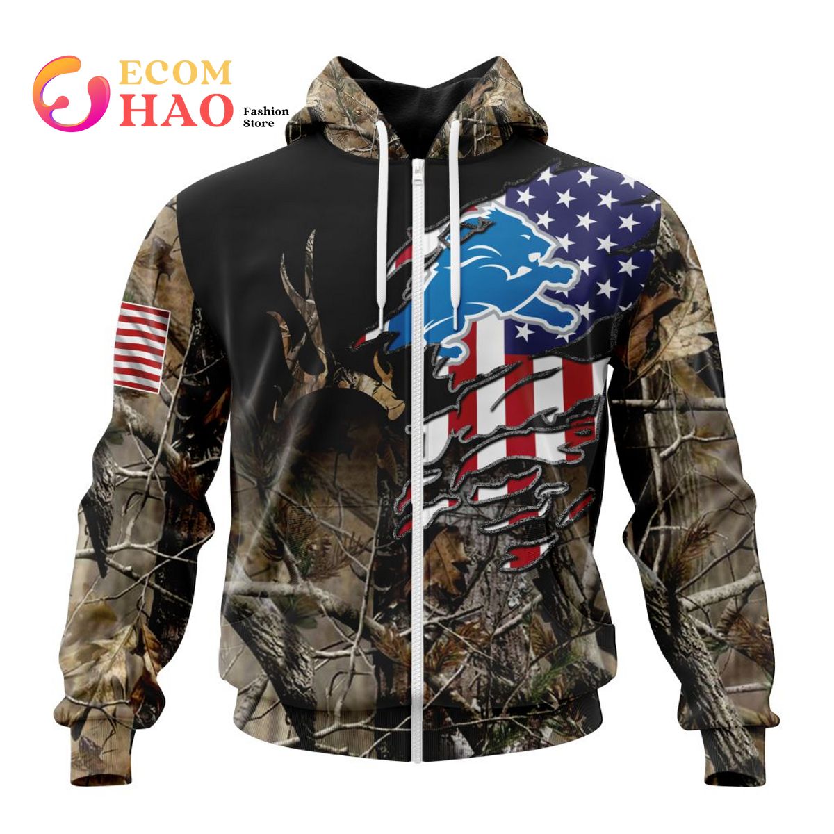 NFL Detroit Lions Special Camo Realtree Hunting 3D Hoodie