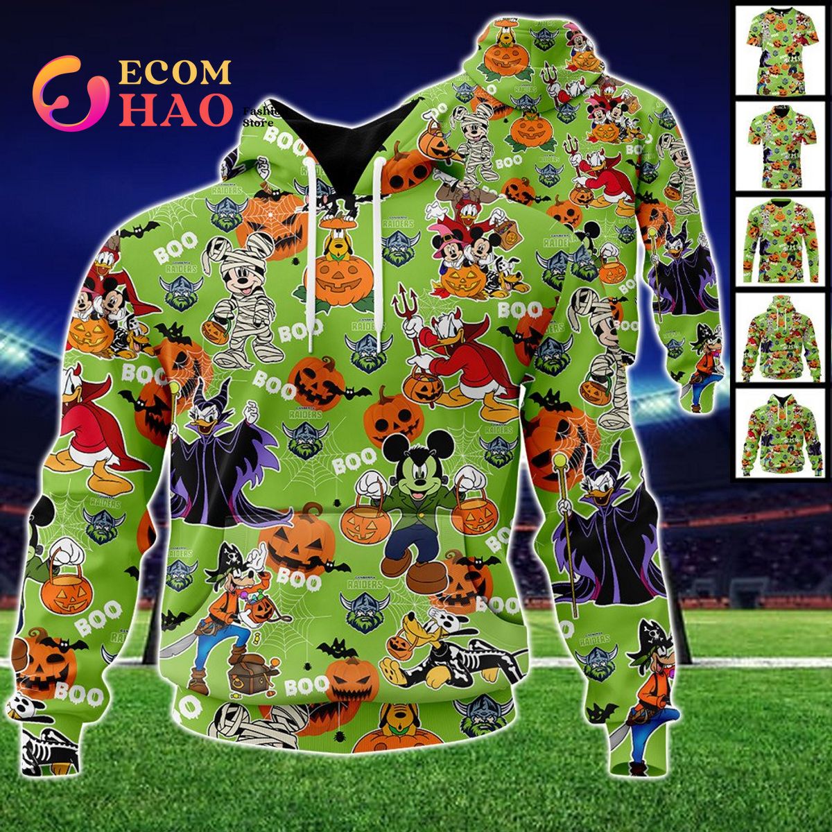 Canberra Raiders Mickey With Friends Happy Halloween 3D Hoodie