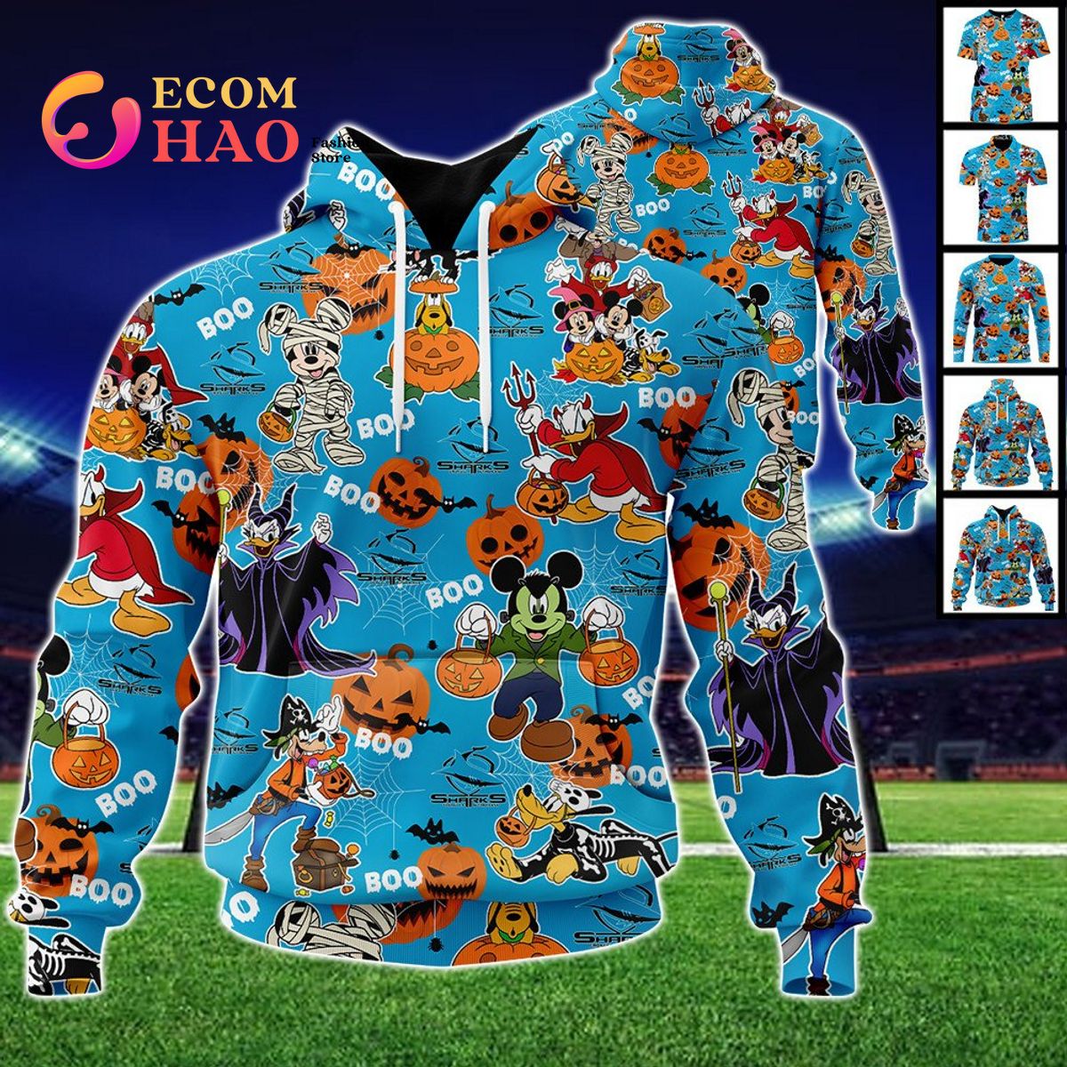 Cronulla Sutherland Sharks Mickey With Friends Happy Halloween 3D Hoodie