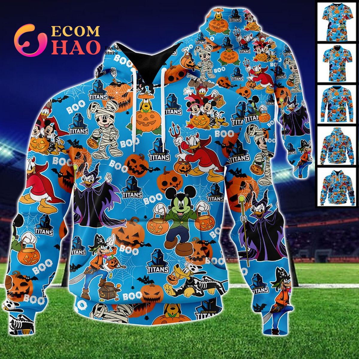 Gold Coast Titans Mickey With Friends Happy Halloween 3D Hoodie