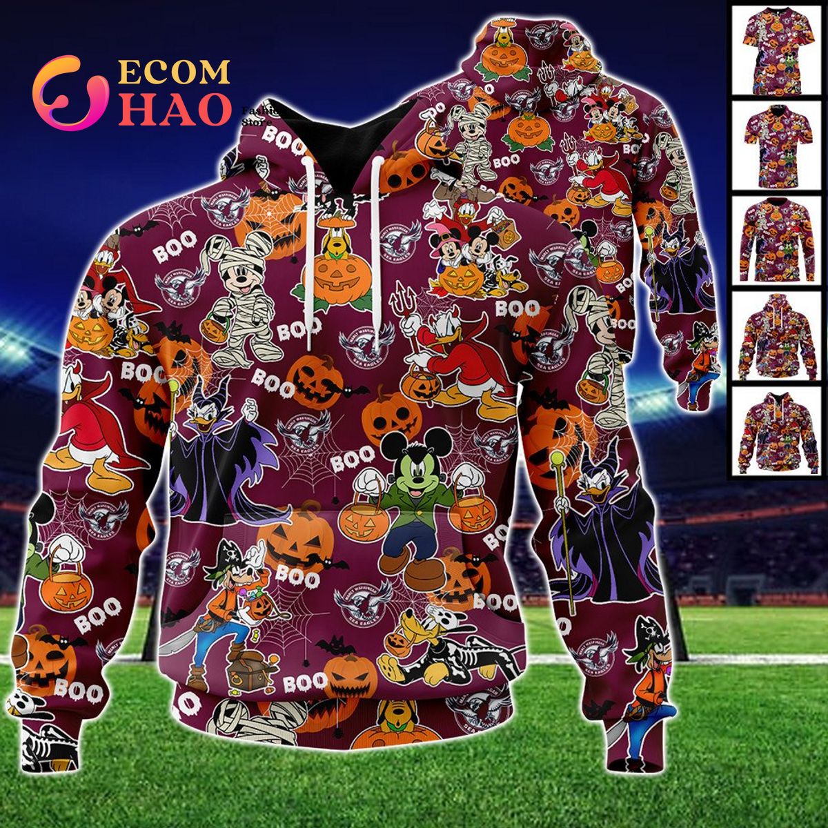 Manly Warringah Sea Eagles Mickey With Friends Happy Halloween 3D Hoodie