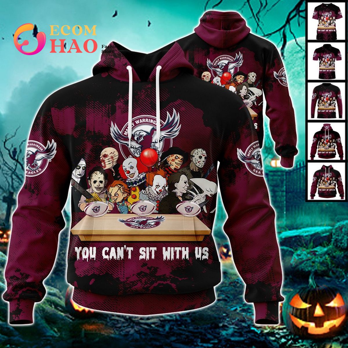 Manly Warringah Sea Eagles You Can’t Sit With Us Horror Movies Style 3D Hoodie