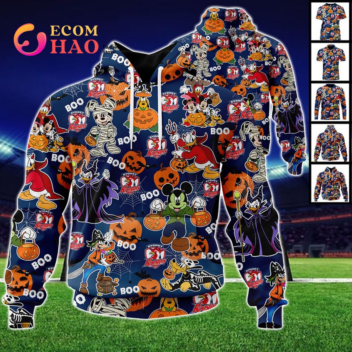 Sydney Roosters Mickey With Friends Happy Halloween 3D Hoodie