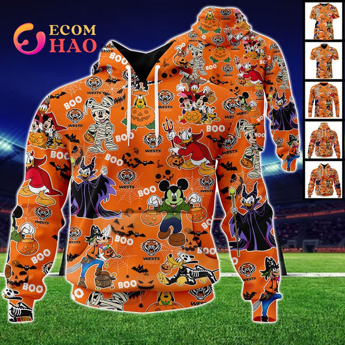 Wests Tigers Mickey With Friends Happy Halloween 3D Hoodie