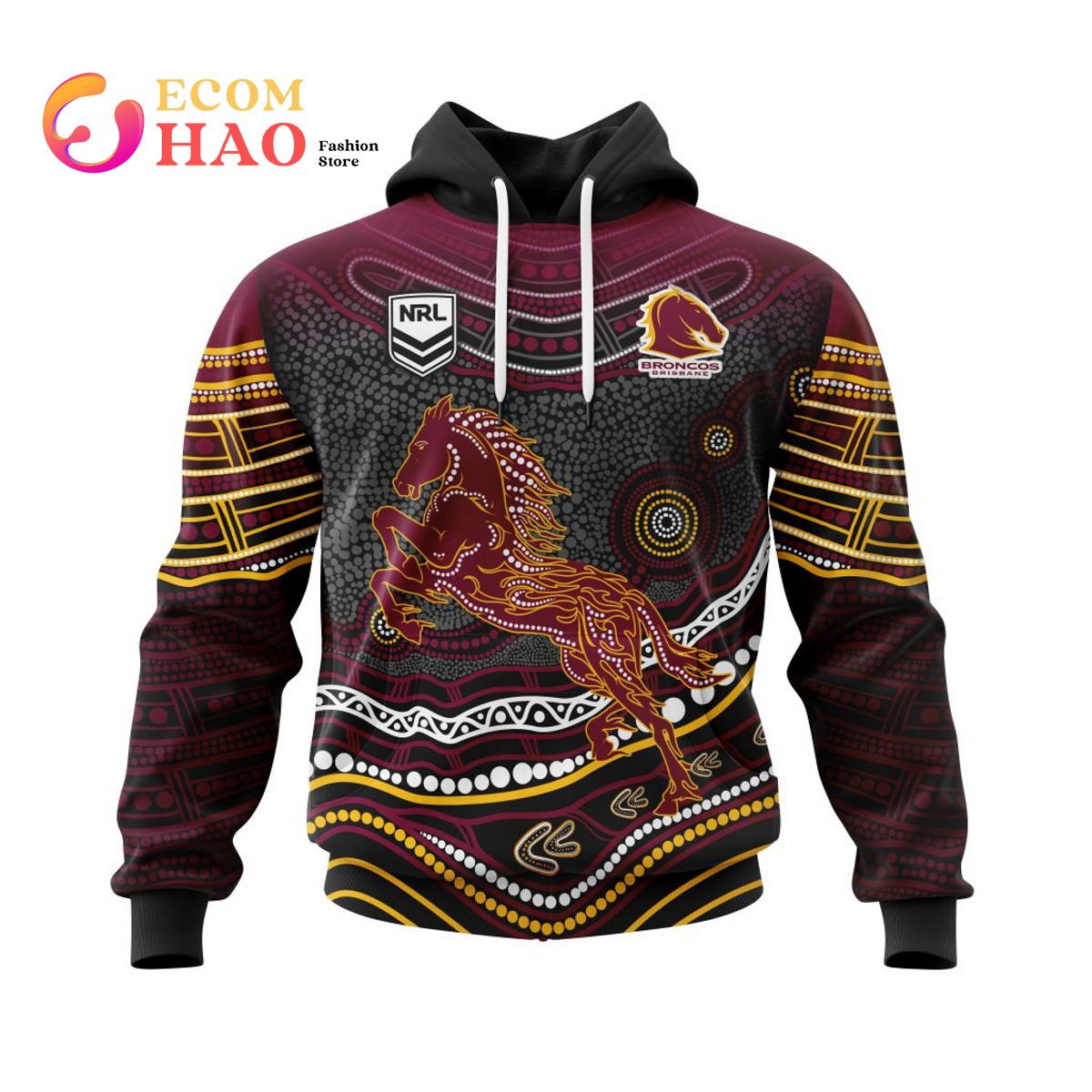 NRL Brisbane Broncos Specialized Indigenous Concept With Team Mascot 3D Hoodie