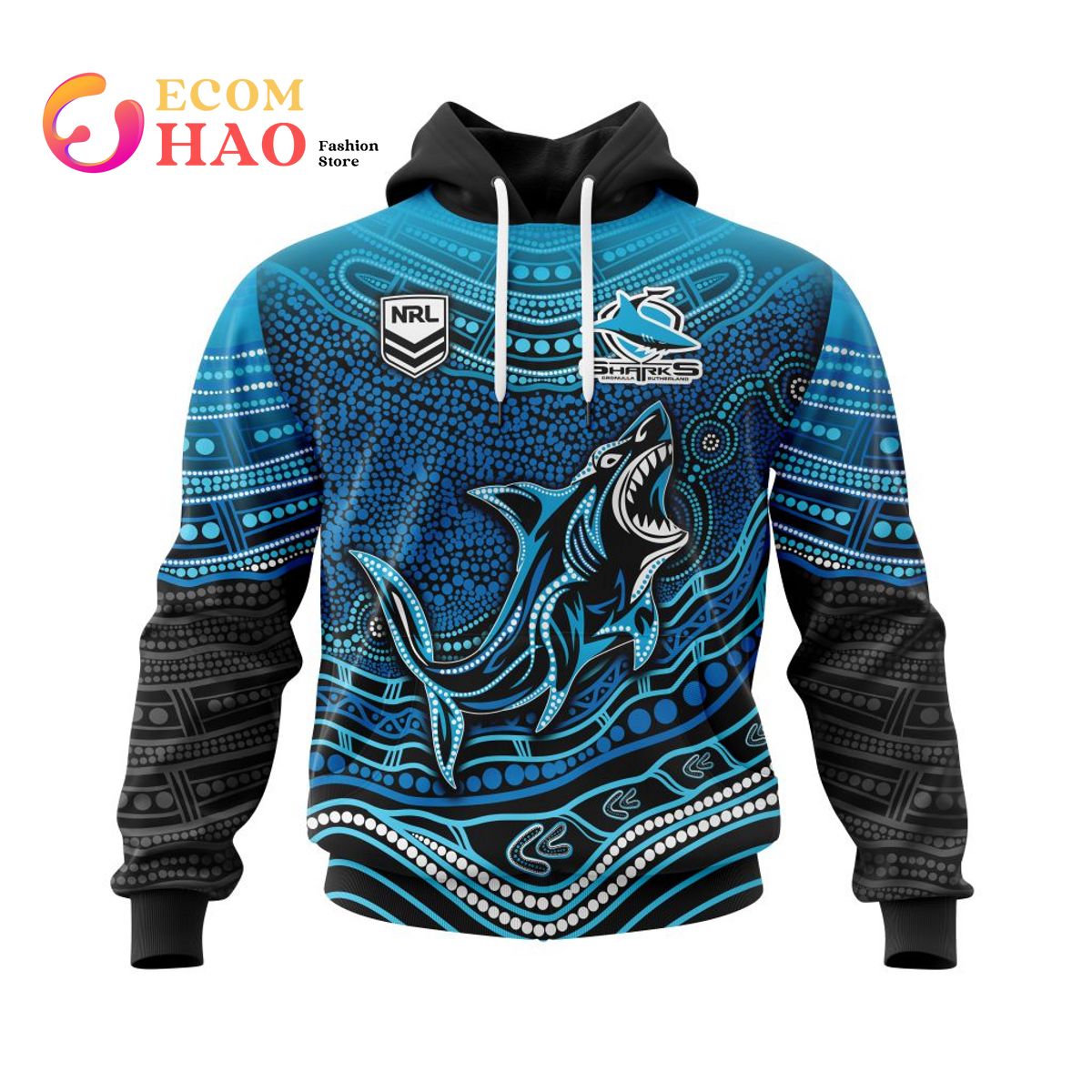 NRL Cronulla-Sutherland Sharks Specialized Indigenous Concept With Team Mascot 3D Hoodie