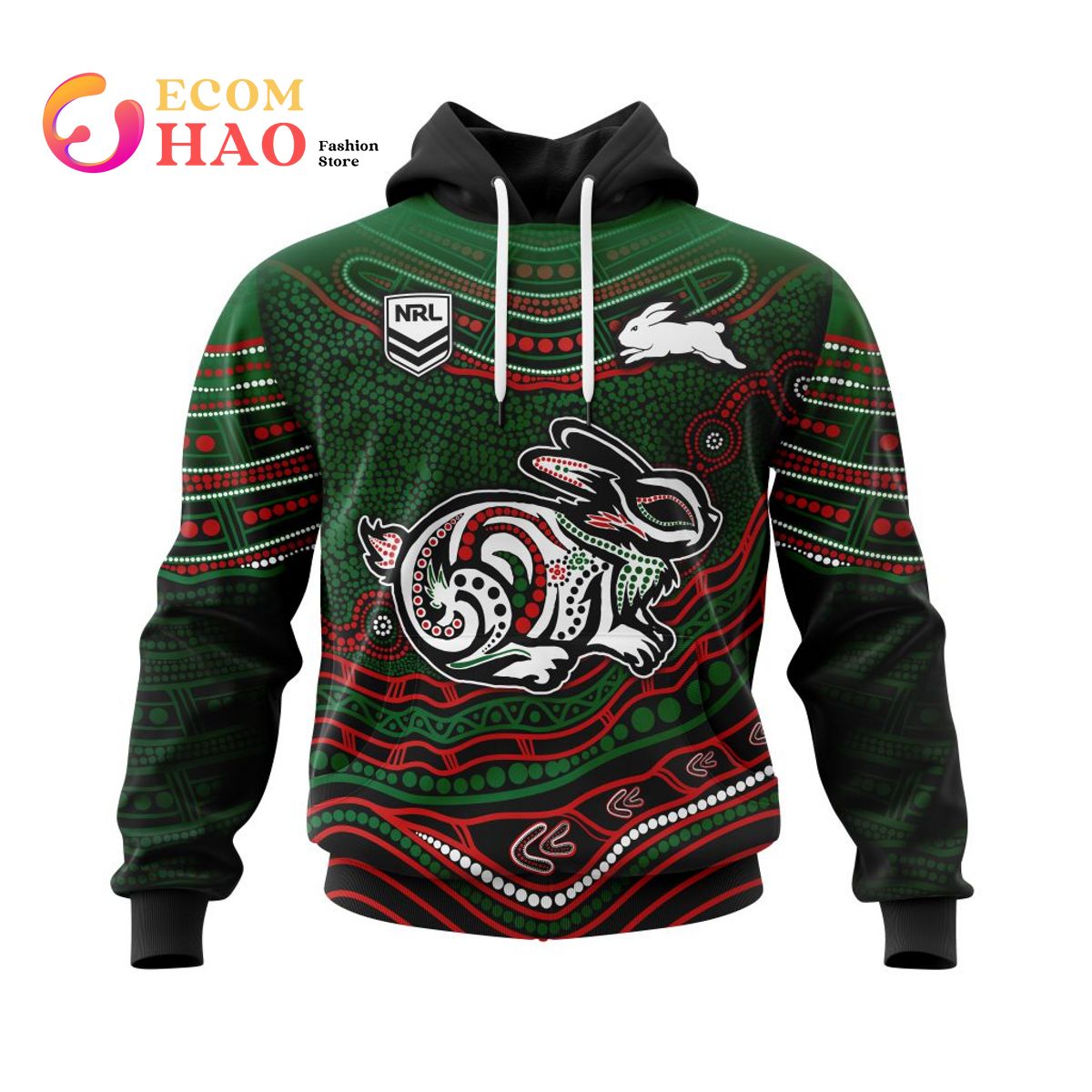 NRL South Sydney Rabbitohs Specialized Indigenous Concept With Team Mascot 3D Hoodie