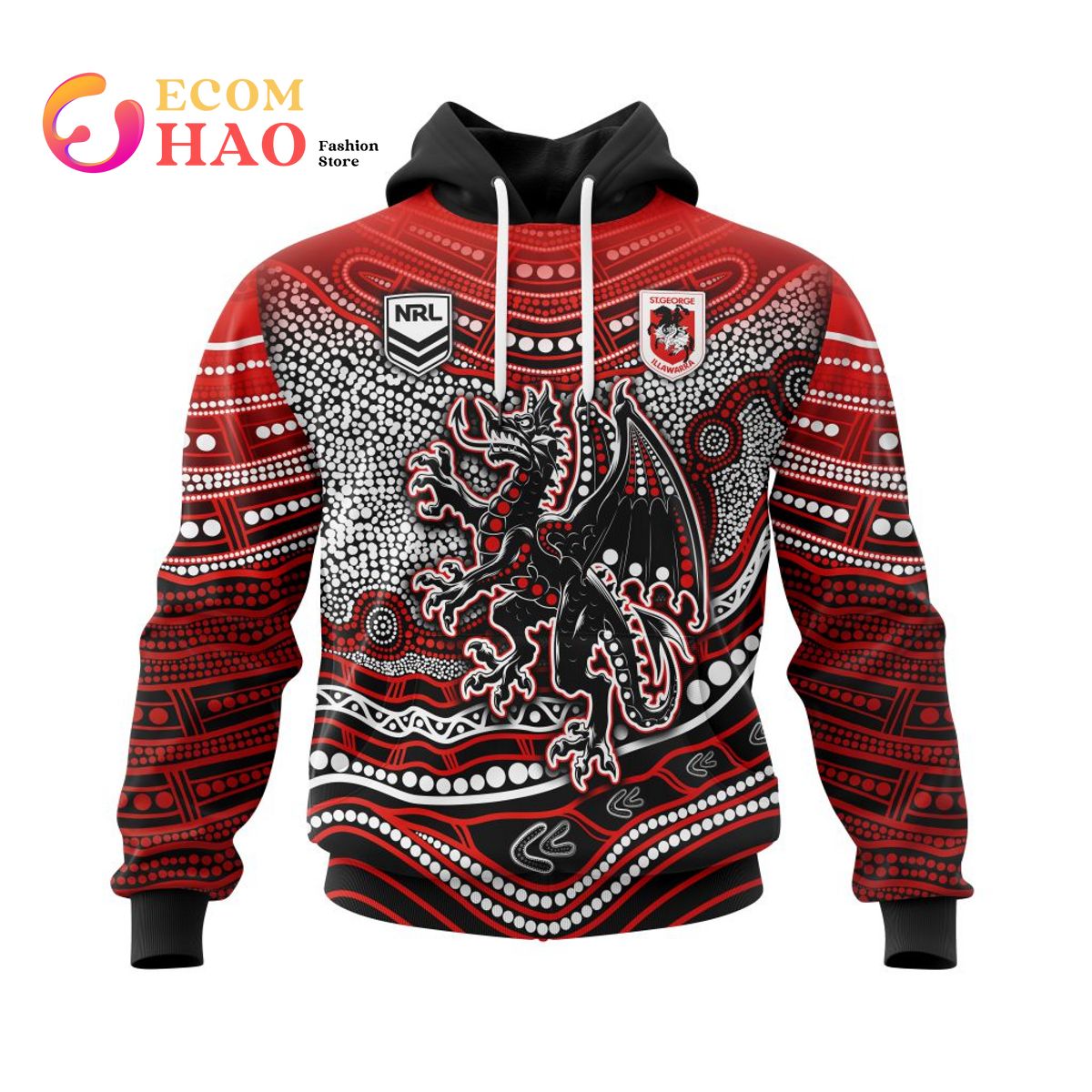 NRL St. George Illawarra Dragons Specialized Indigenous Concept With Team Mascot 3D Hoodie