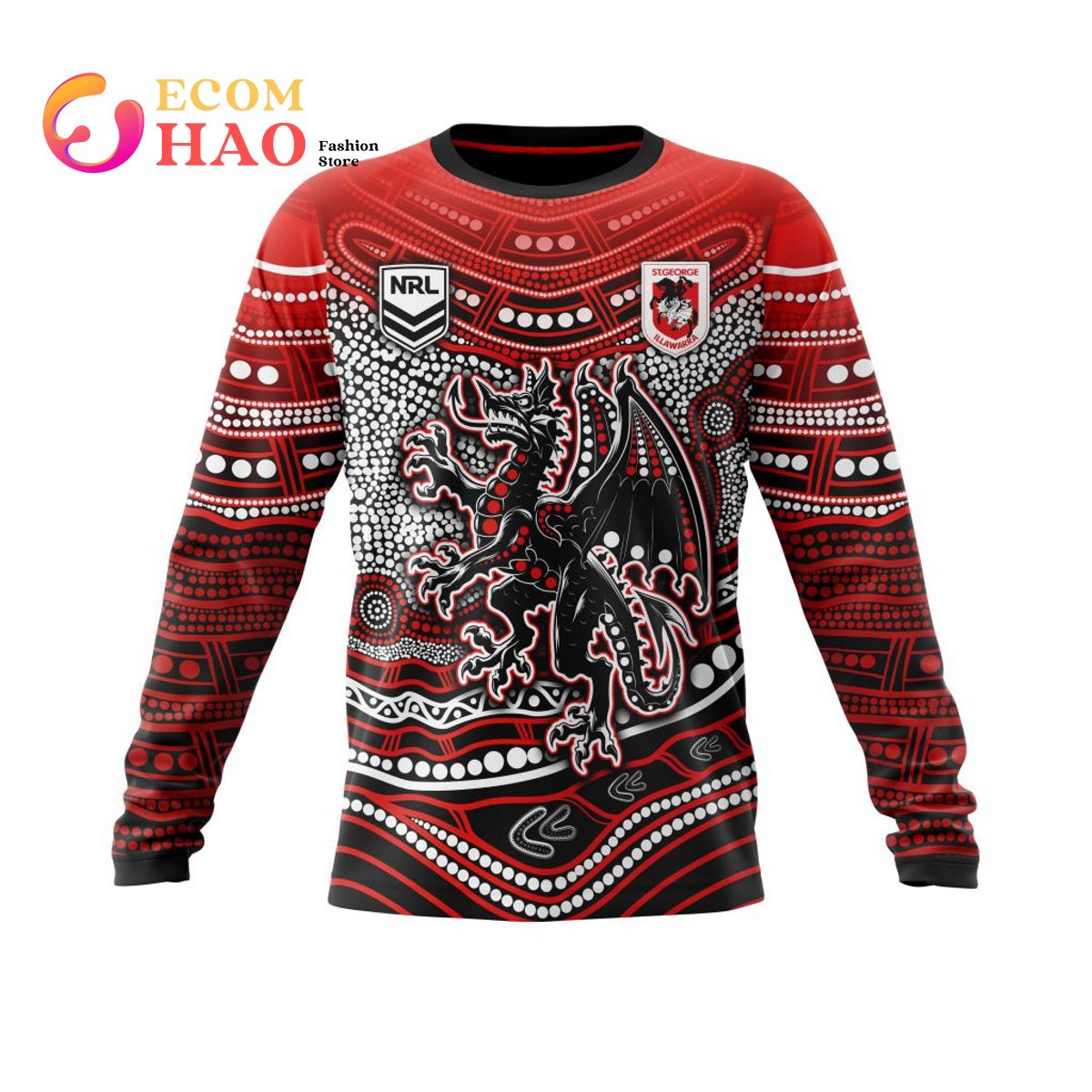 NRL St. George Illawarra Dragons Specialized Indigenous Concept With Team Mascot 3D Hoodie