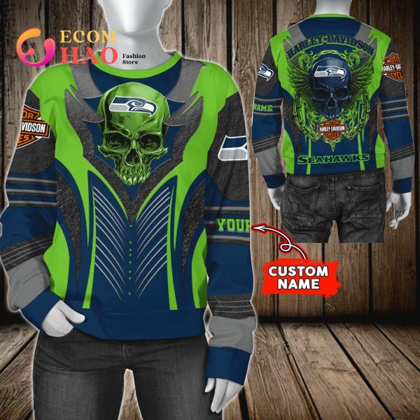 NFL Seattle Seahawks Black Skull Harley Davidson Baseball Jacket