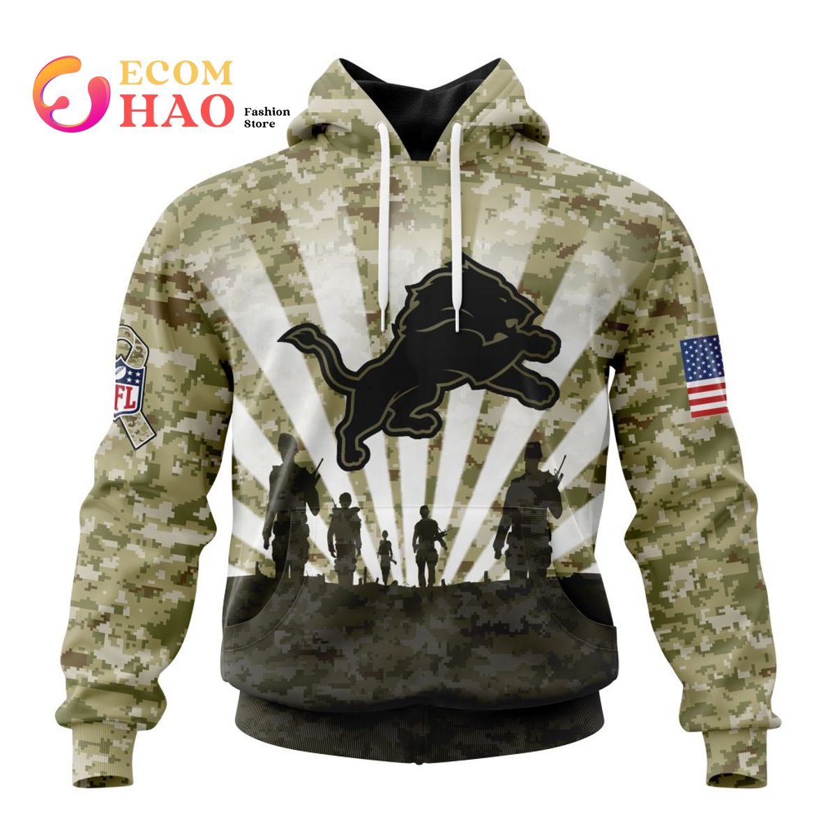 Detroit Lions NFL US Flag Camo Veteran Team 3D Hoodie For Men And Women