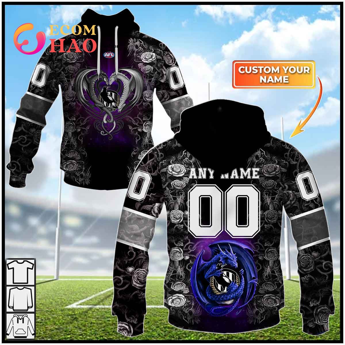 Personalized AFL Colling Wood Rose Dragon 3D Hoodie