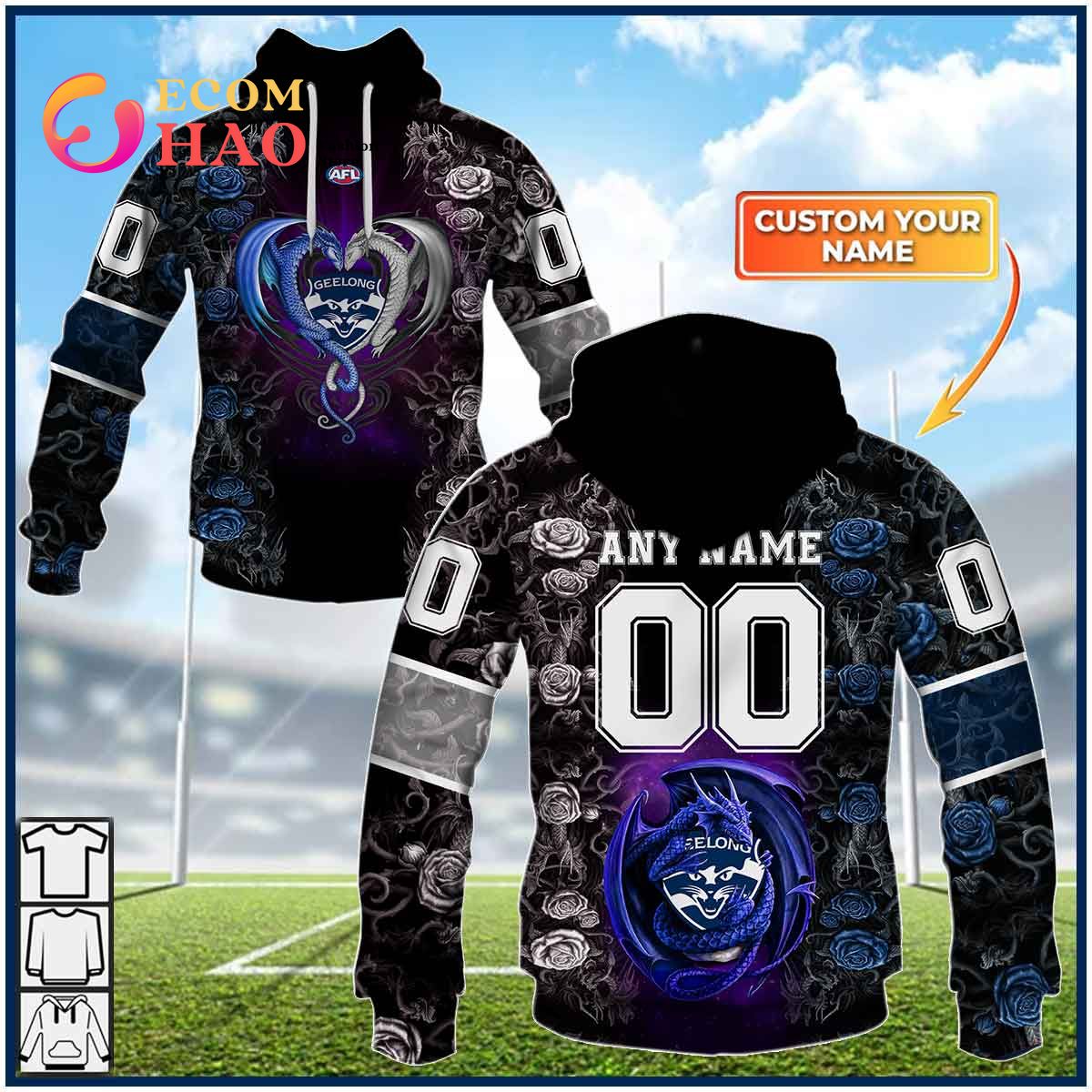 Personalized AFL Geelong Cats Rose Dragon 3D Hoodie