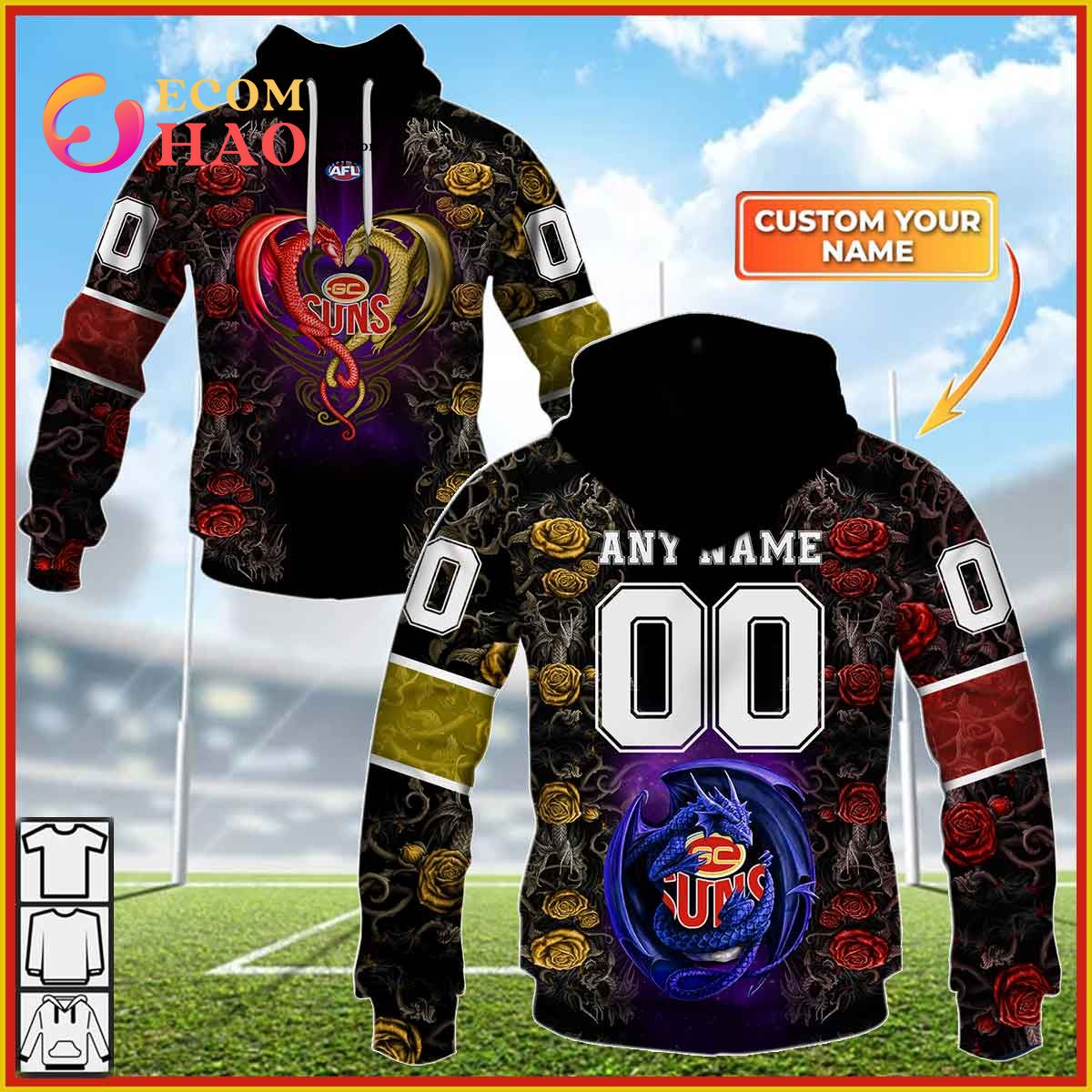 Personalized AFL Gold Coast Sun Rose Dragon 3D Hoodie