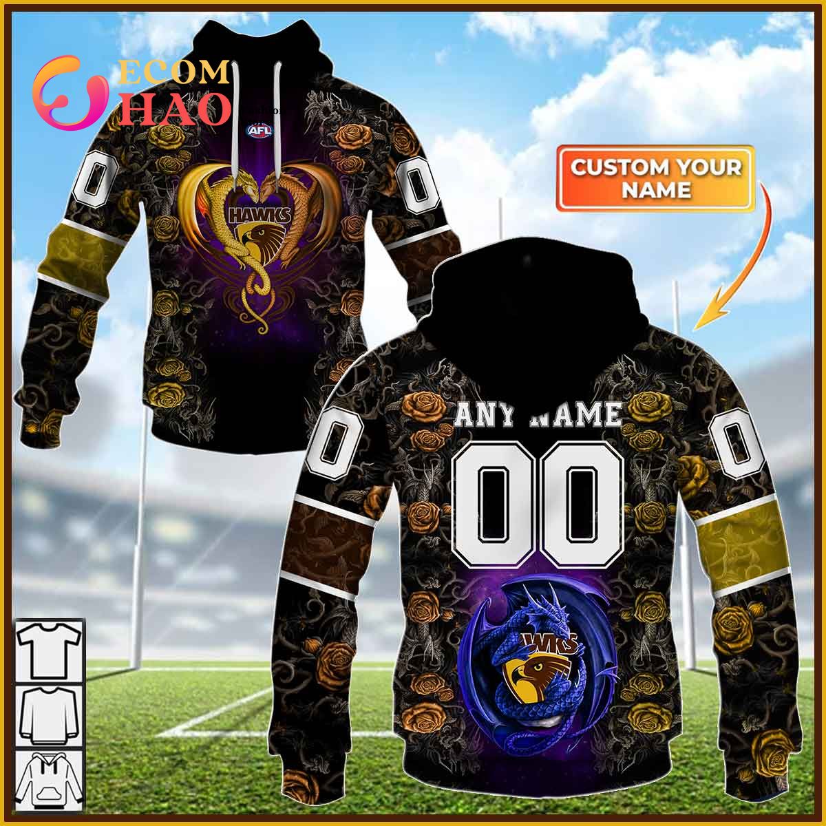 Personalized AFL Hawthorn Hawks Rose Dragon 3D Hoodie