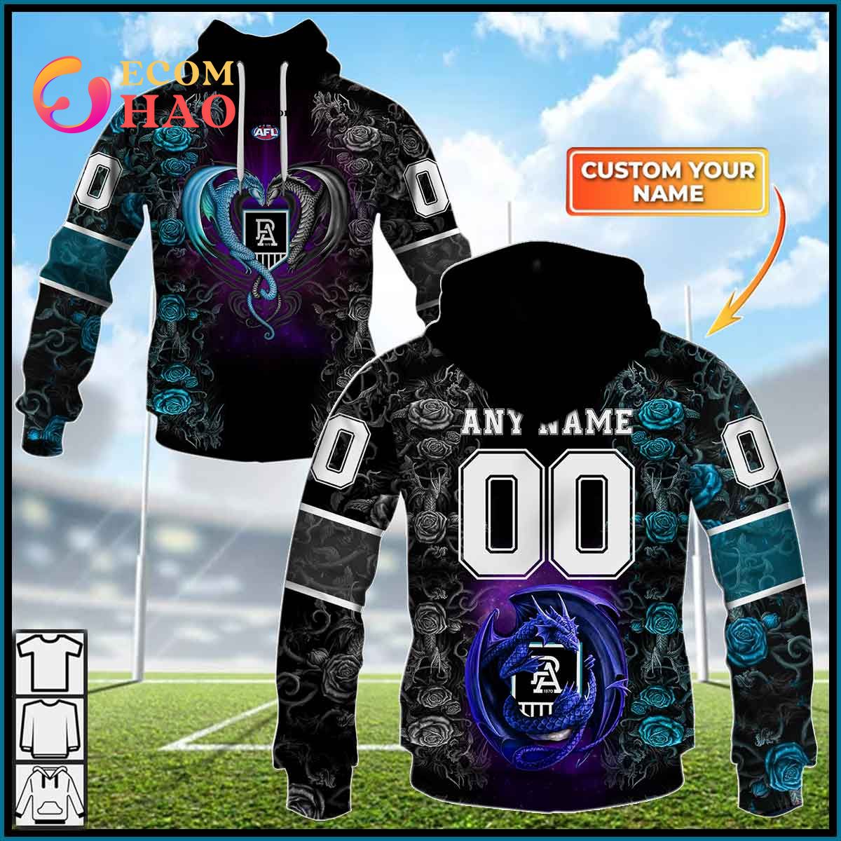 Personalized AFL Port Adelaide Rose Dragon 3D Hoodie