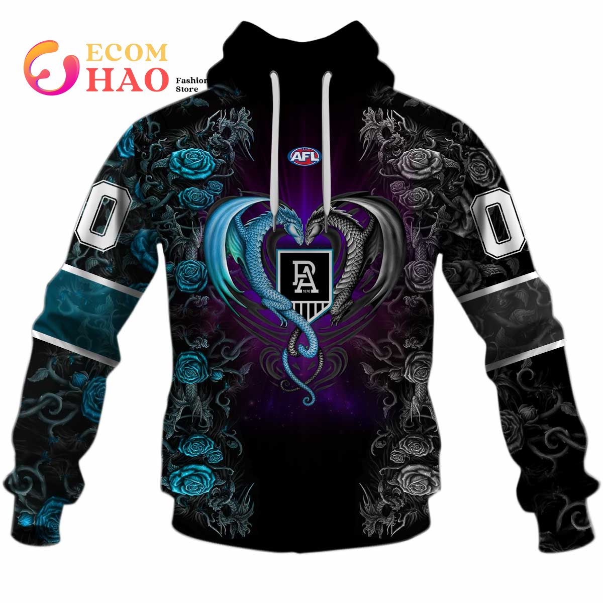 Personalized AFL Port Adelaide Rose Dragon 3D Hoodie