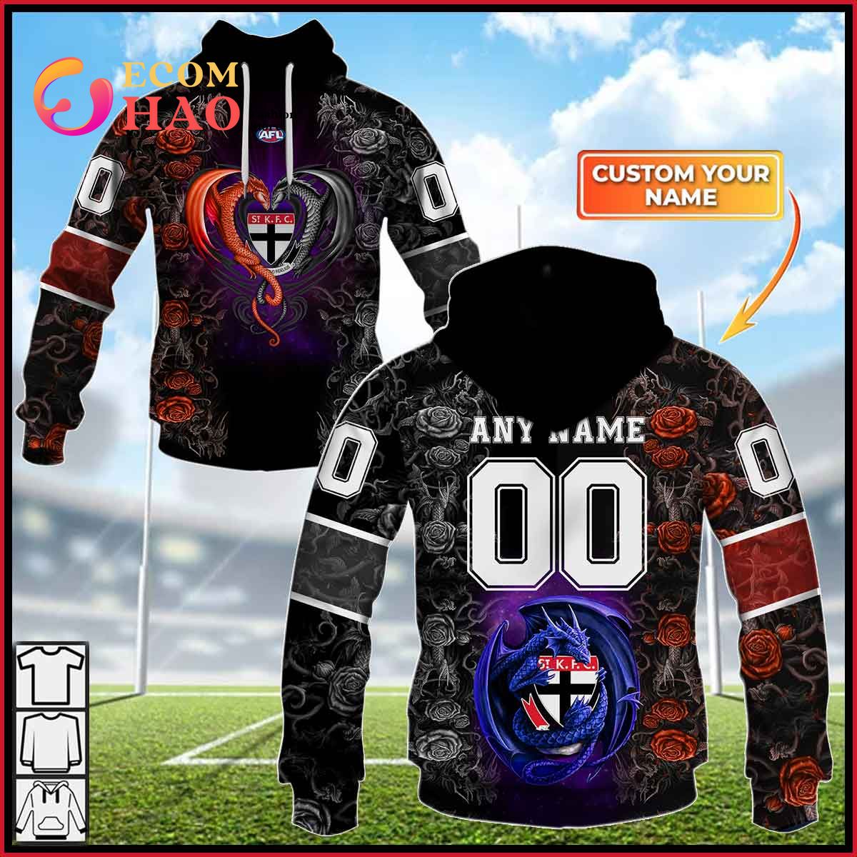 Personalized AFL ST Kilda Rose Dragon 3D Hoodie