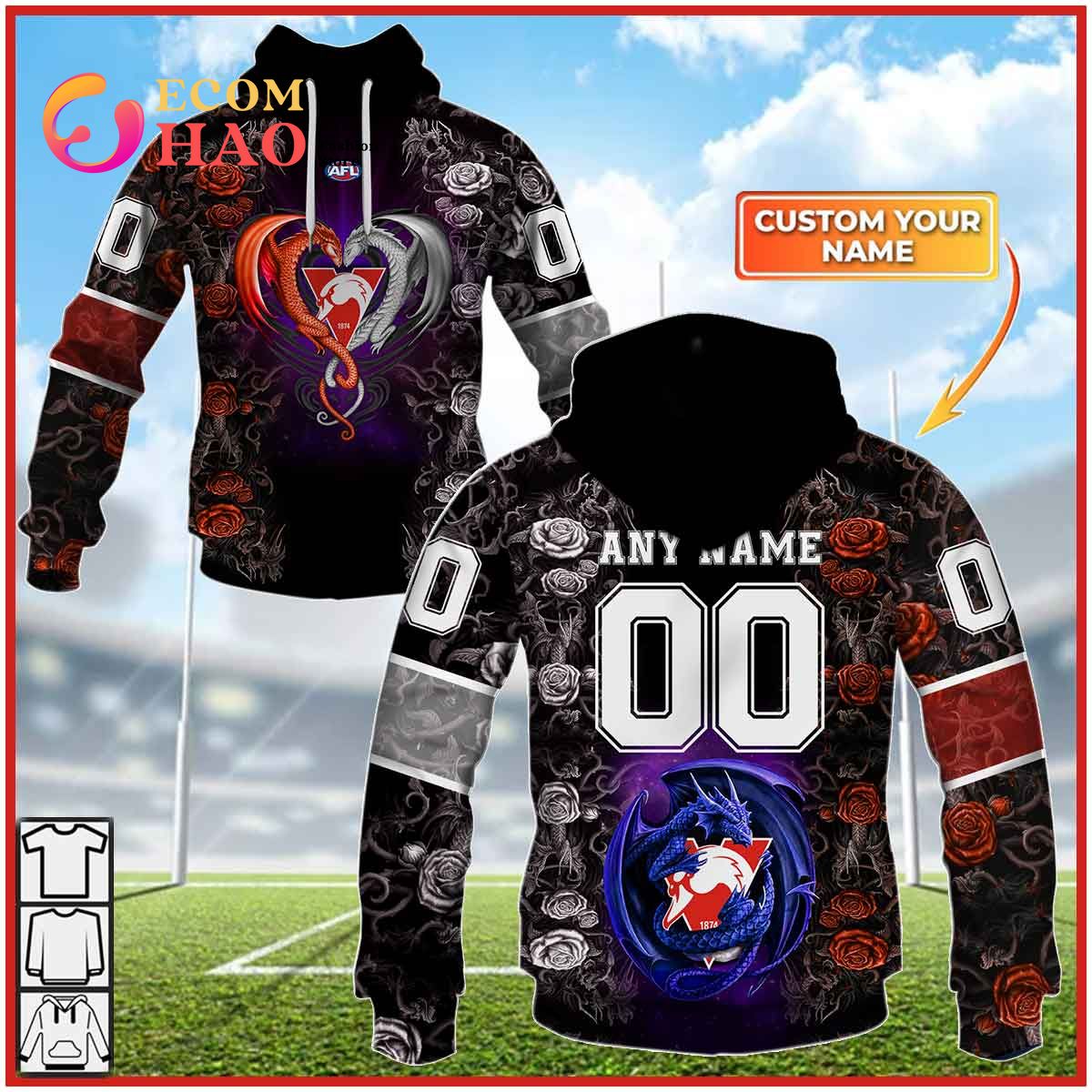 Personalized AFL Sydney Swans Rose Dragon 3D Hoodie