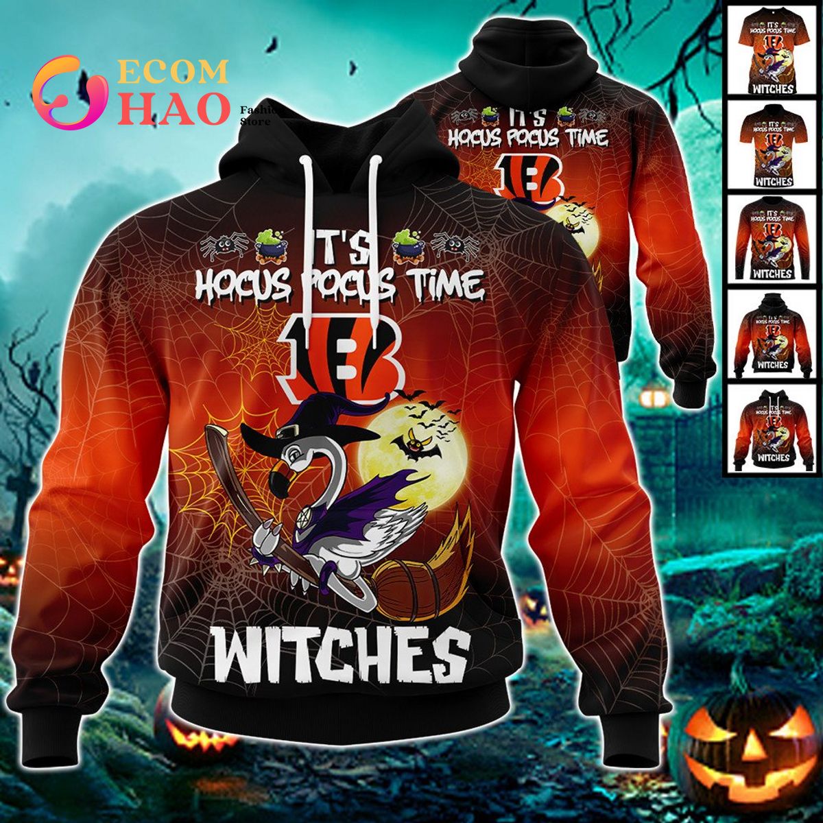 Bengals NFL Halloween Jersey Falmingo Witches Hocus Pocus 3D Hoodie