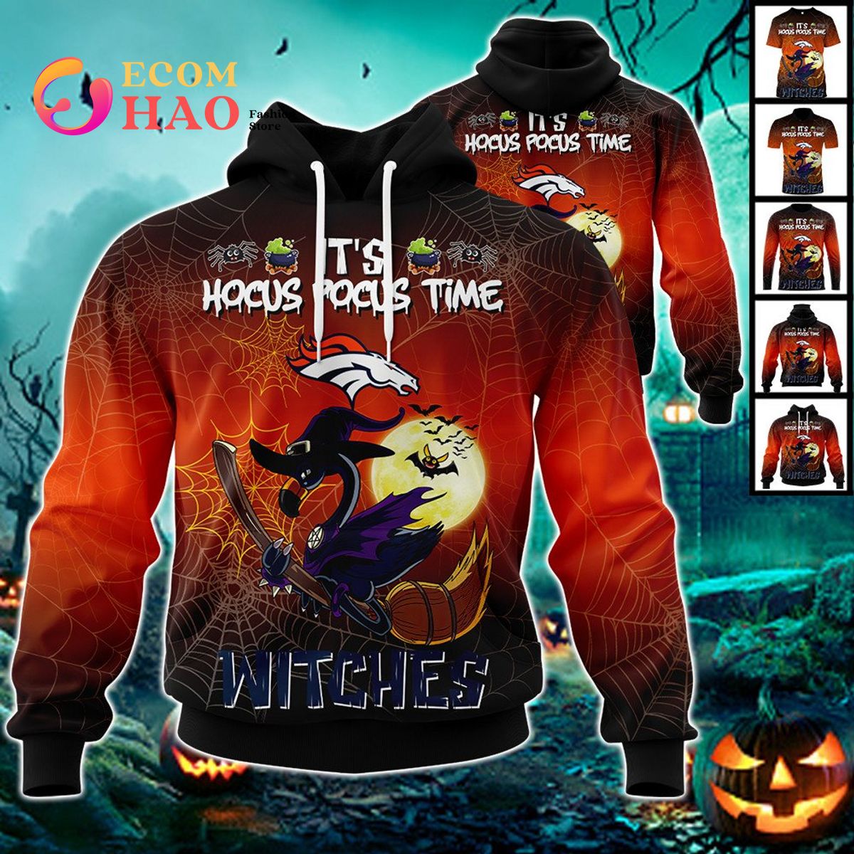 Broncos NFL Halloween Jersey Falmingo Witches Hocus Pocus 3D Hoodie