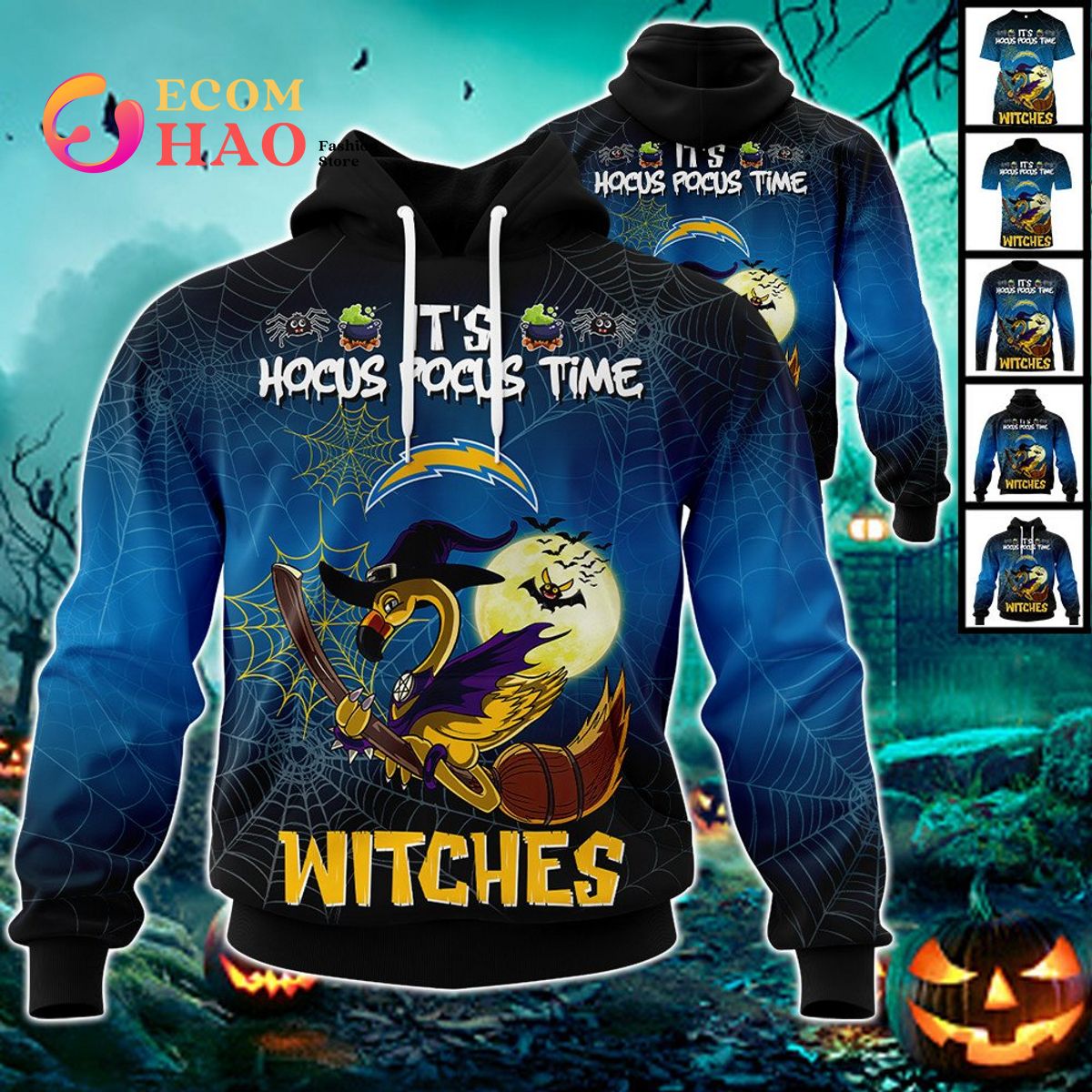 Chargers NFL Halloween Jersey Falmingo Witches Hocus Pocus 3D Hoodie