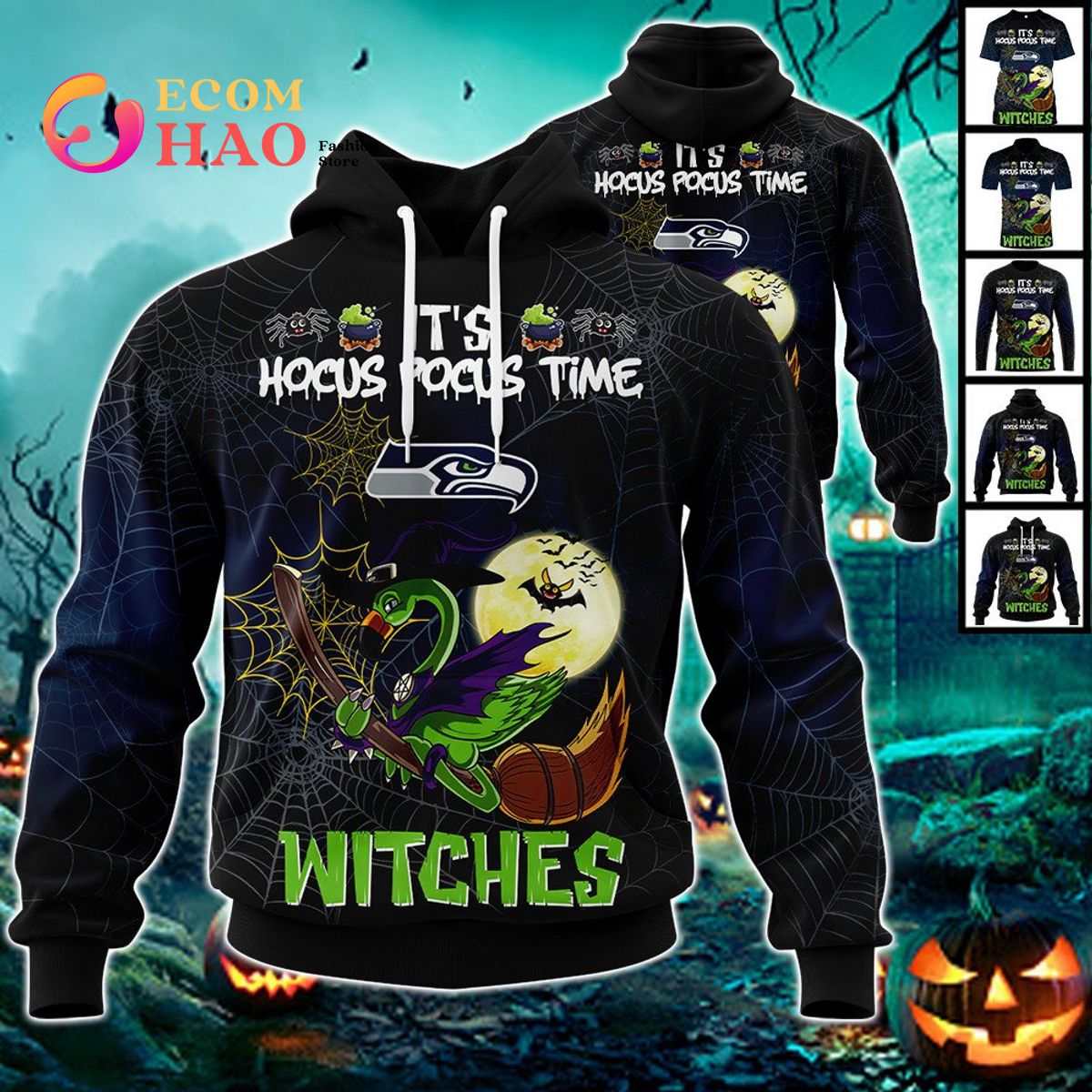 Seahawks NFL Halloween Jersey Falmingo Witches Hocus Pocus 3D Hoodie