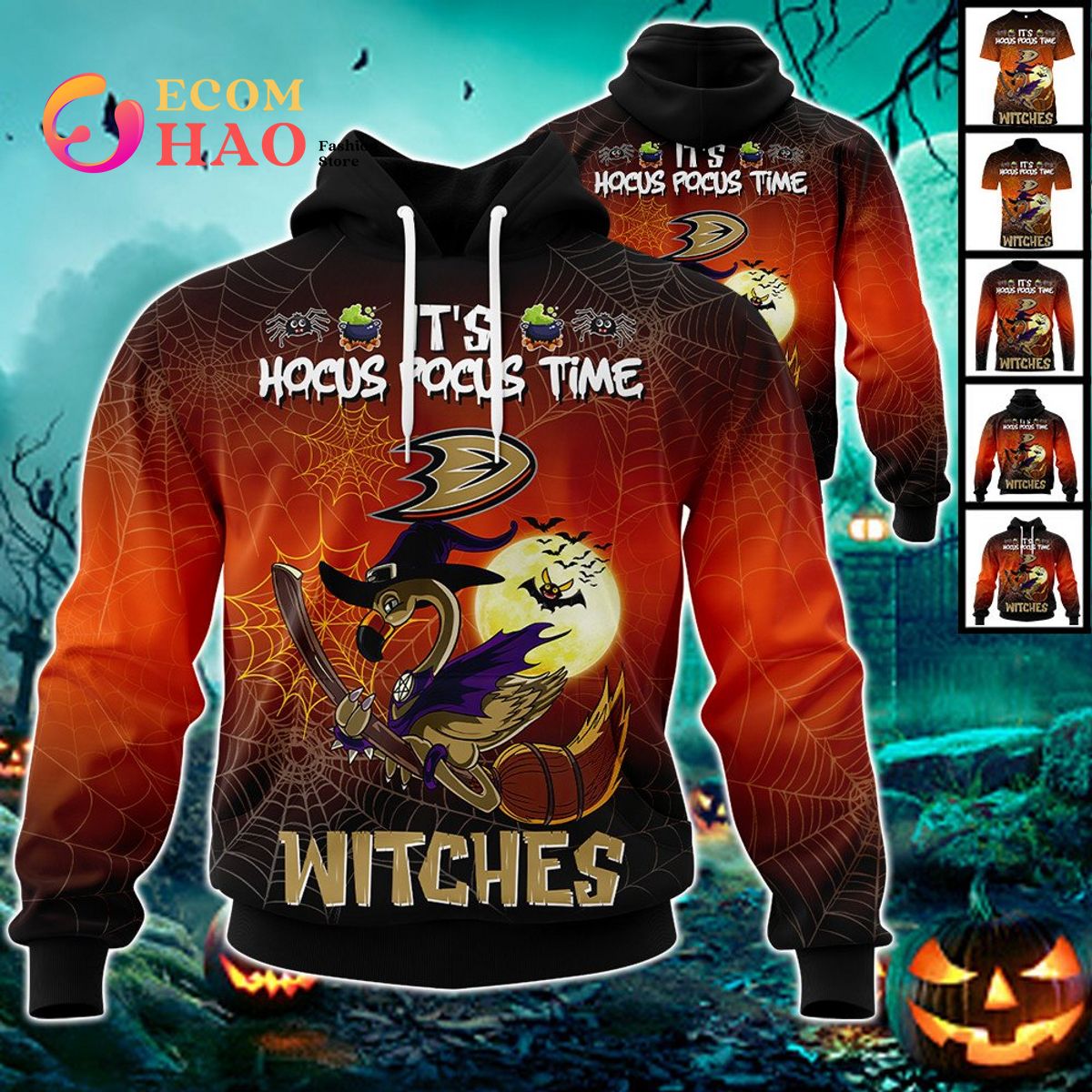 Anaheim Ducks Halloween Jersey Flamingo Witches Hocus Pocus 3D Hoodie