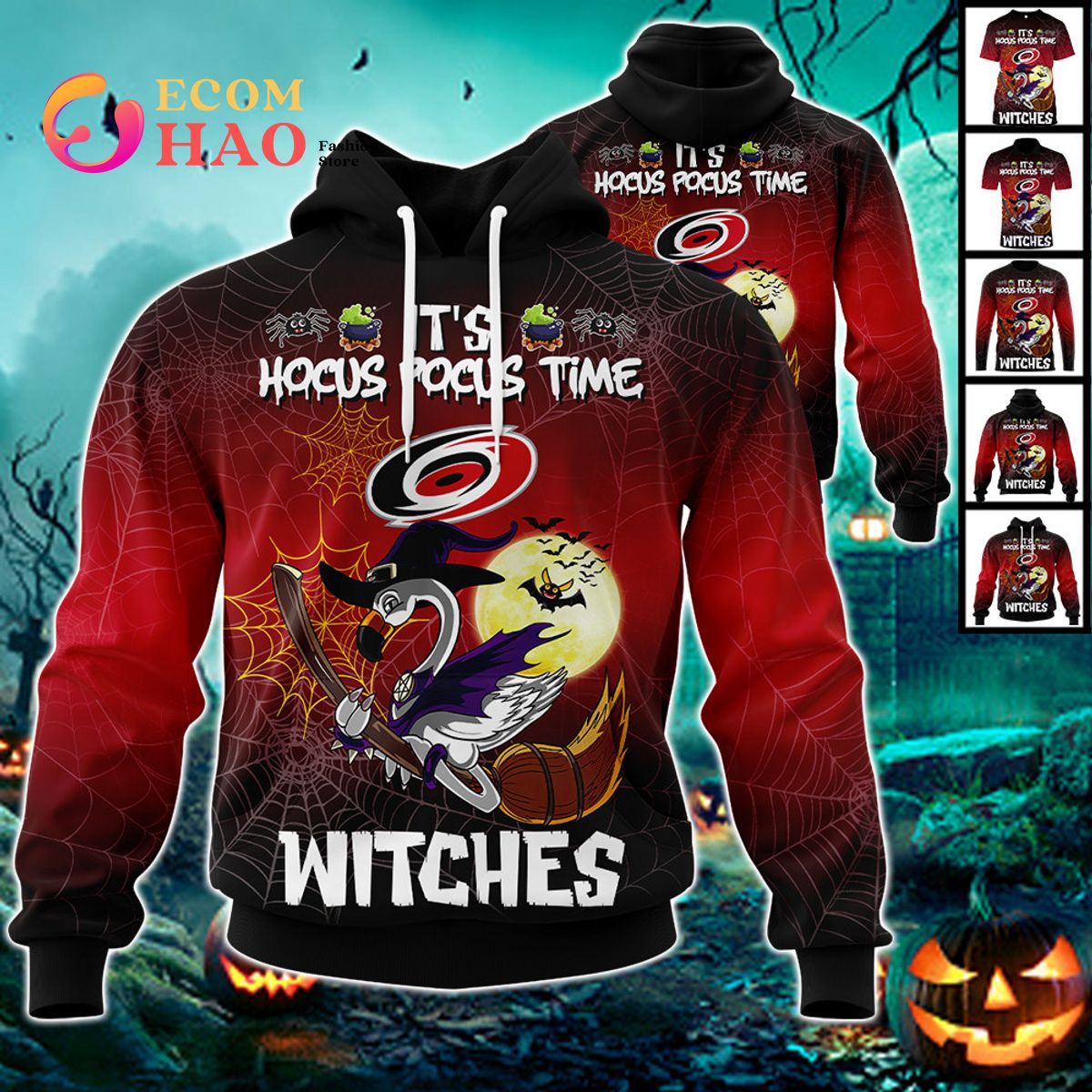 Carolina Hurricanes Halloween Jersey Flamingo Witches Hocus Pocus 3D Hoodie