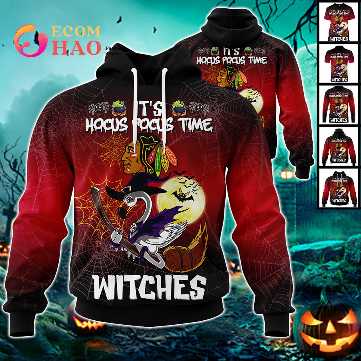 Chicago Blackhawks Halloween Jersey Flamingo Witches Hocus Pocus 3D Hoodie