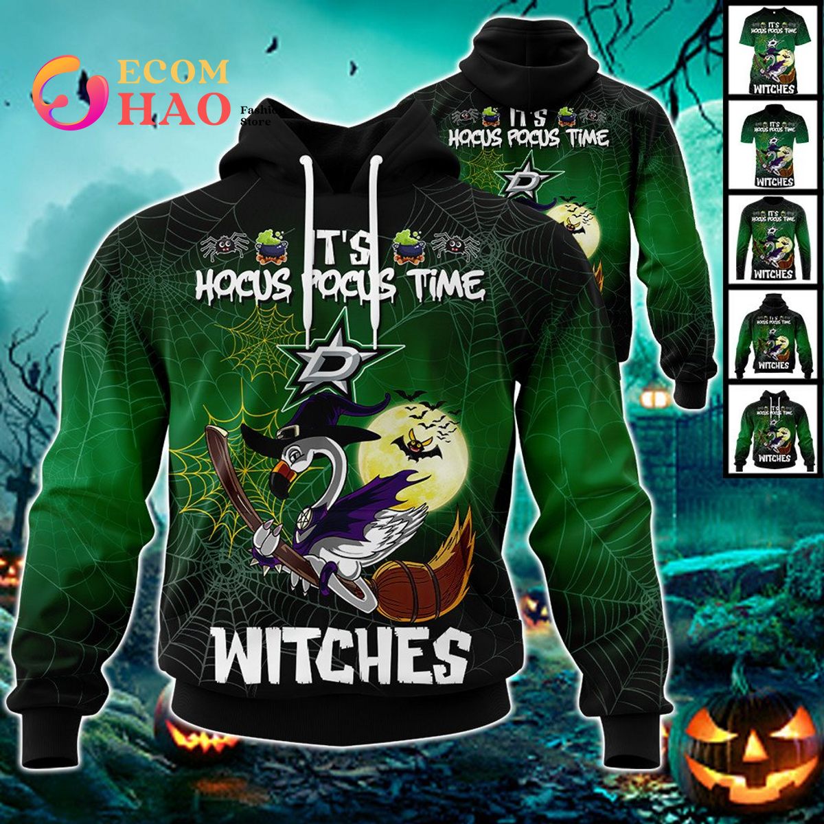 Dallas Stars Halloween Jersey Flamingo Witches Hocus Pocus 3D Hoodie