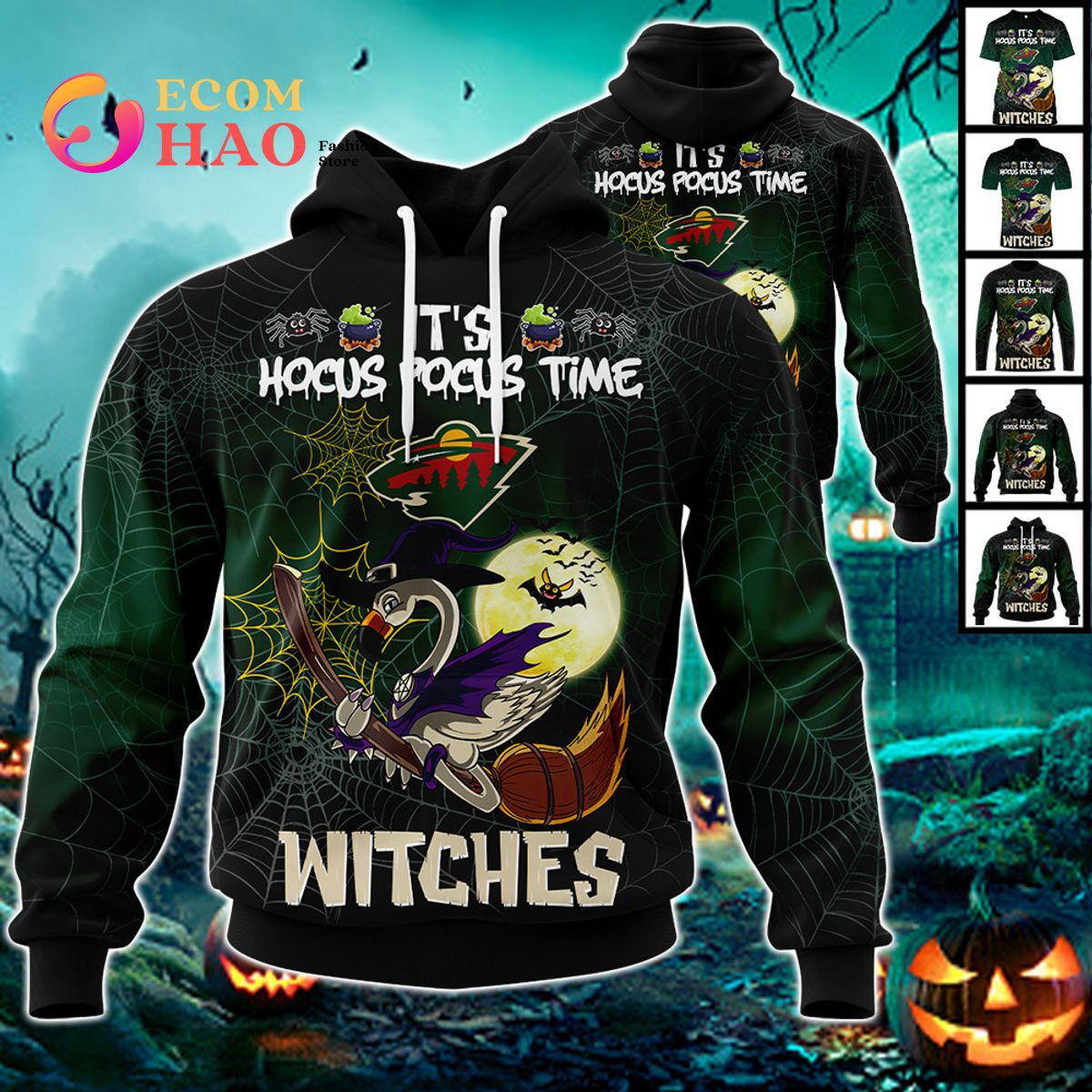 Minnesota Wild Halloween Jersey Flamingo Witches Hocus Pocus 3D Hoodie