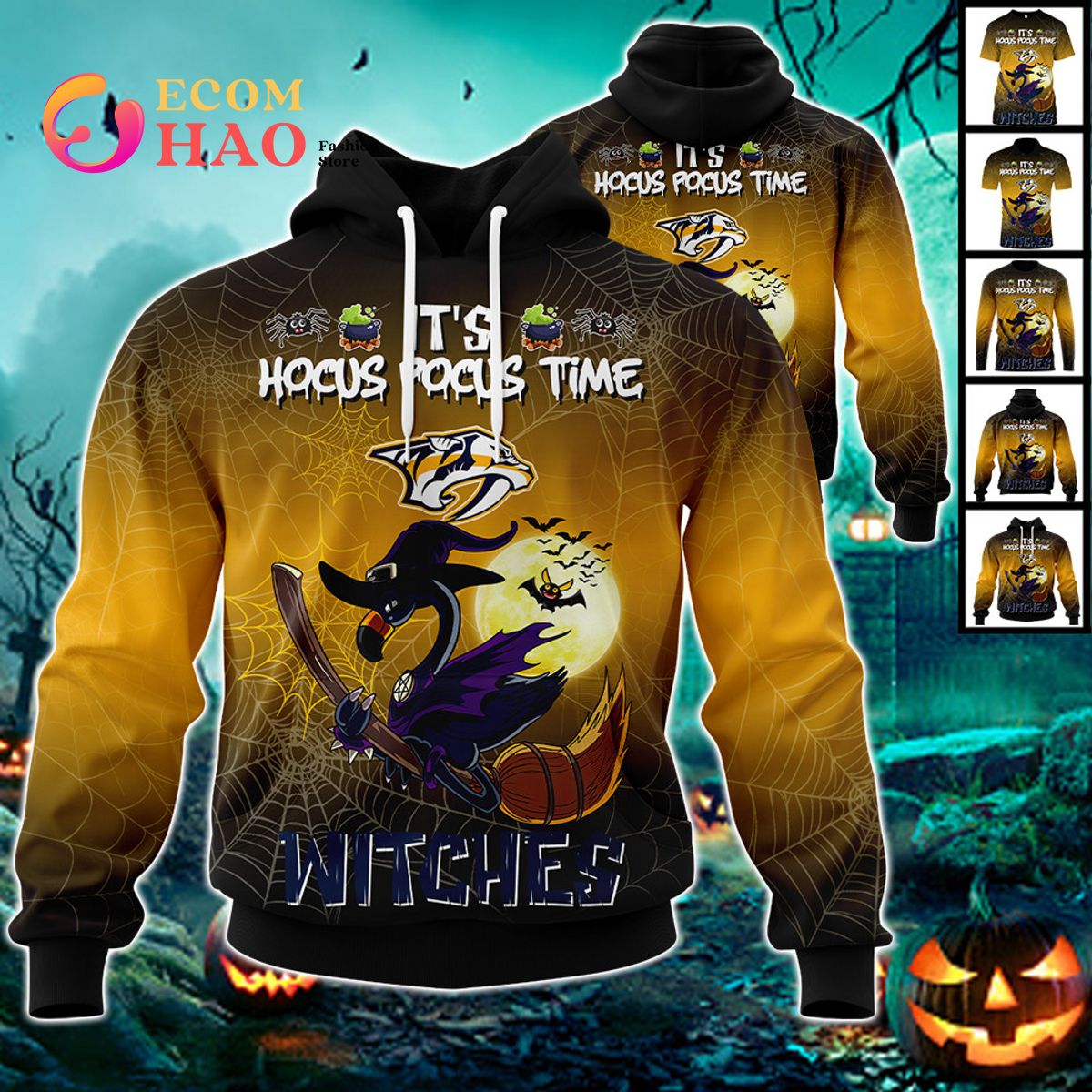 Nashville Predators Halloween Jersey Flamingo Witches Hocus Pocus 3D Hoodie