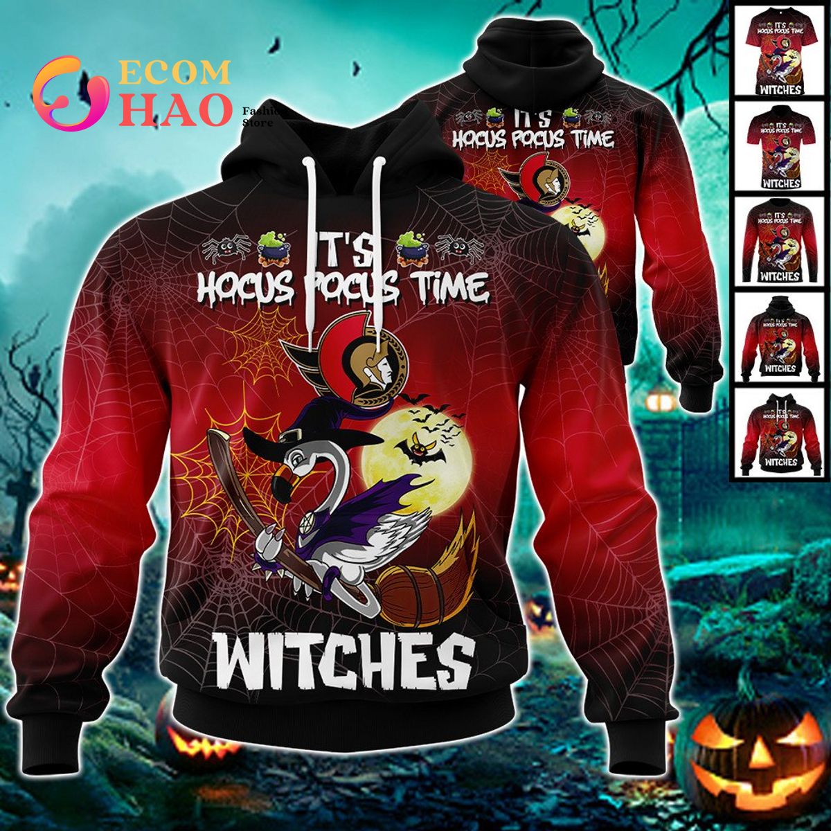 Ottawa Senators Halloween Jersey Flamingo Witches Hocus Pocus 3D Hoodie