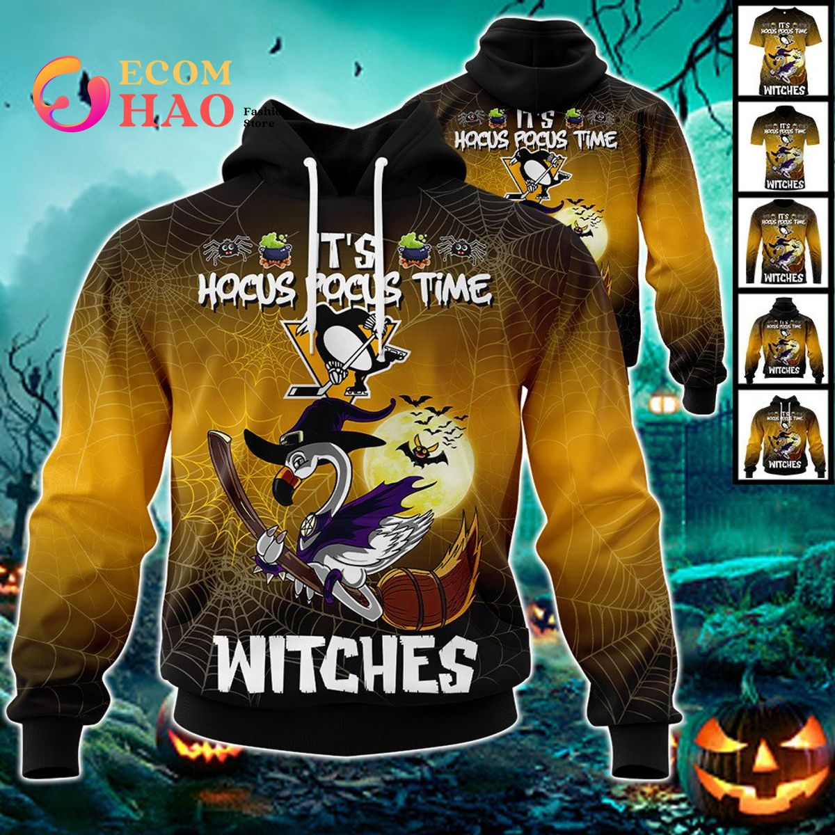 Pittsburgh Penguins Halloween Jersey Flamingo Witches Hocus Pocus 3D Hoodie