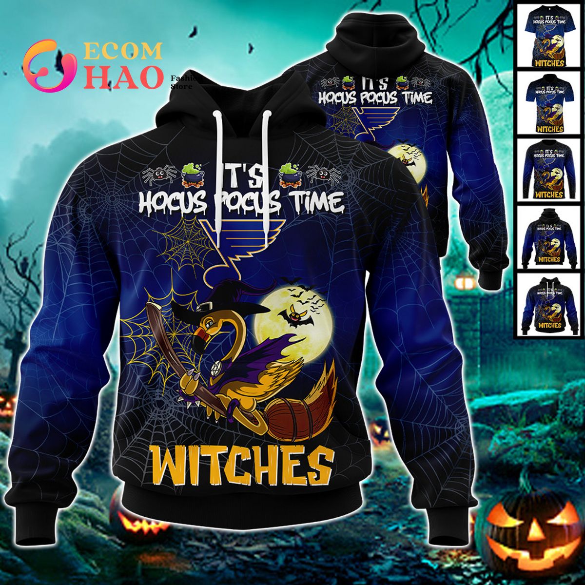 St. Louis Blues Halloween Jersey Flamingo Witches Hocus Pocus 3D Hoodie