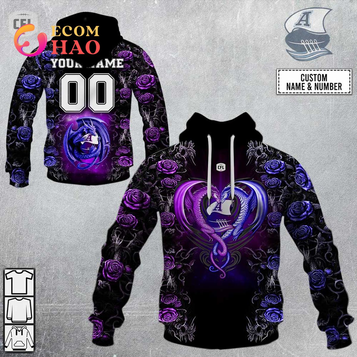 Personalized CFL Toronto Argonauts Rose Dragon 3D Hoodie