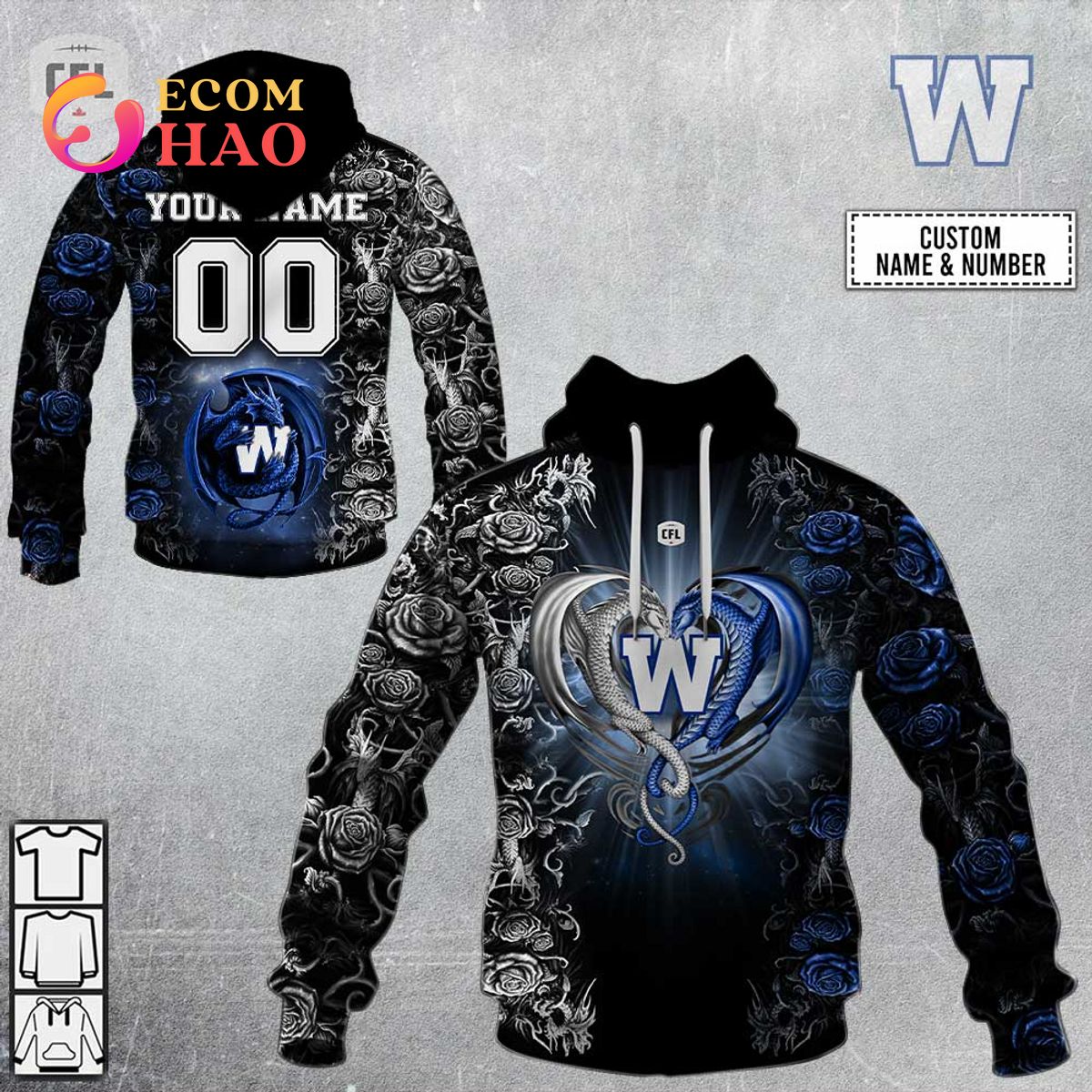 Personalized CFL Winnipeg Blue Bombers Rose Dragon 3D Hoodie