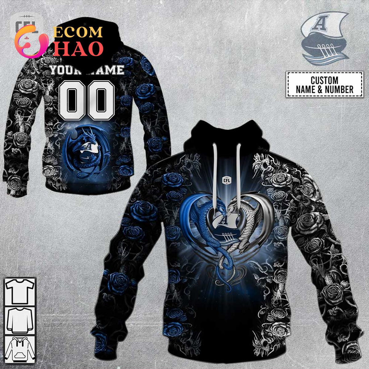 New Personalized CFL Toronto Argonauts Rose Dragon 3D Hoodie