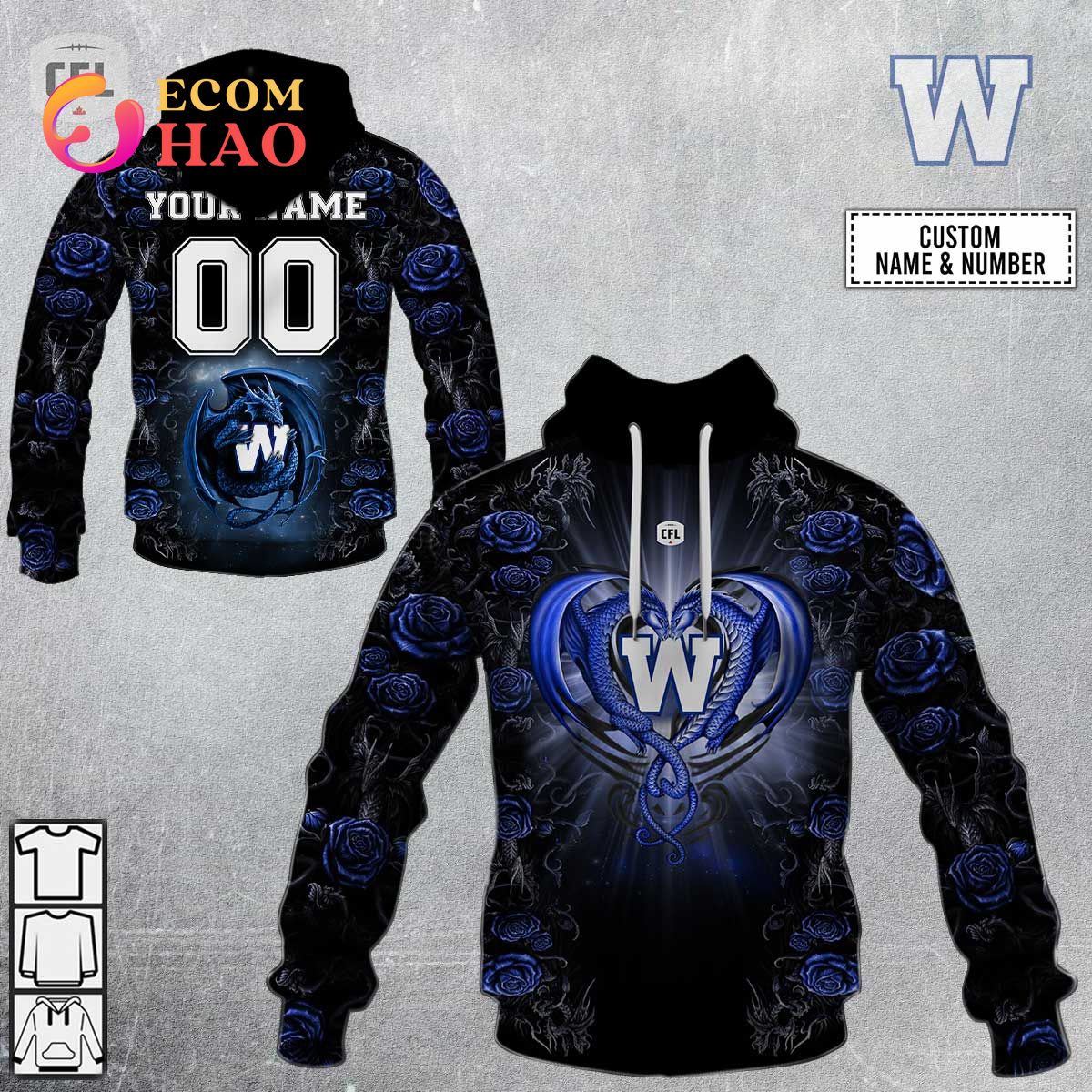 New Personalized CFL Winnipeg Blue Bombers Rose Dragon 3D Hoodie