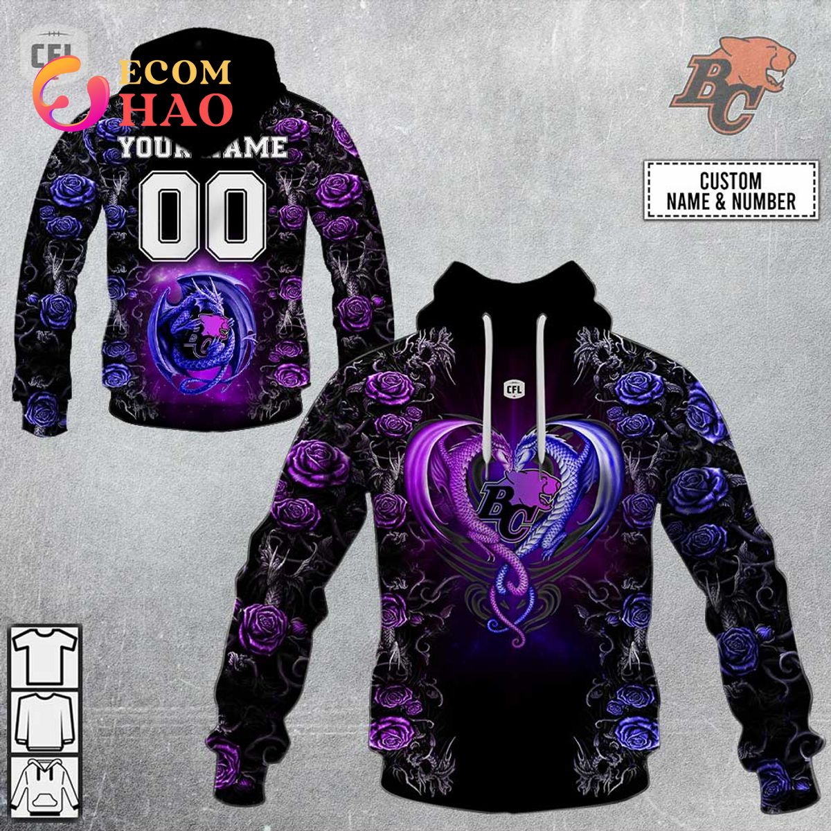 Personalized CFL BC Lions Rose Dragon 3D Hoodie