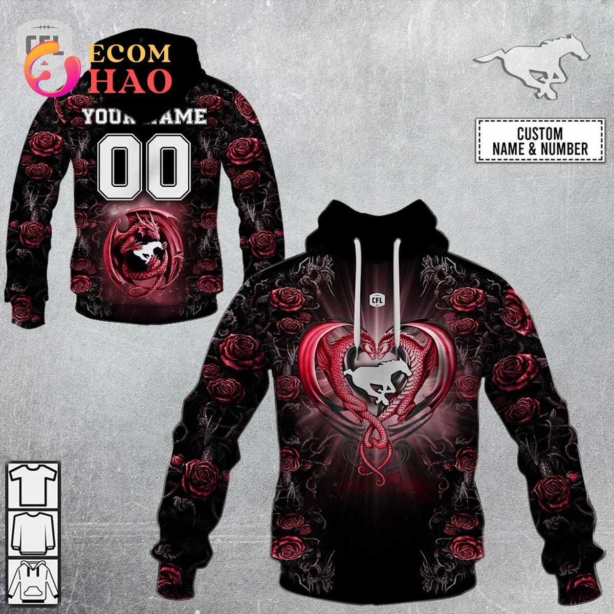 Personalized CFL Calgary Stampeders Rose Dragon 3D Hoodie