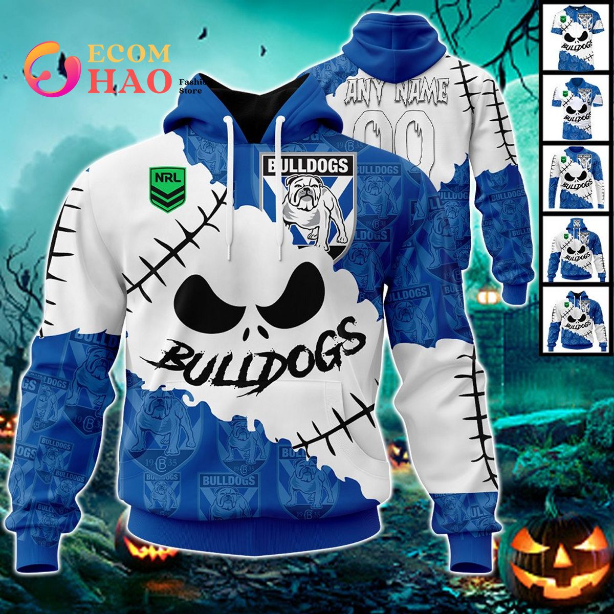 NRL Canterbury-Bankstown Bulldogs Custom Your Name & Number Halloween Style 3D Hoodie